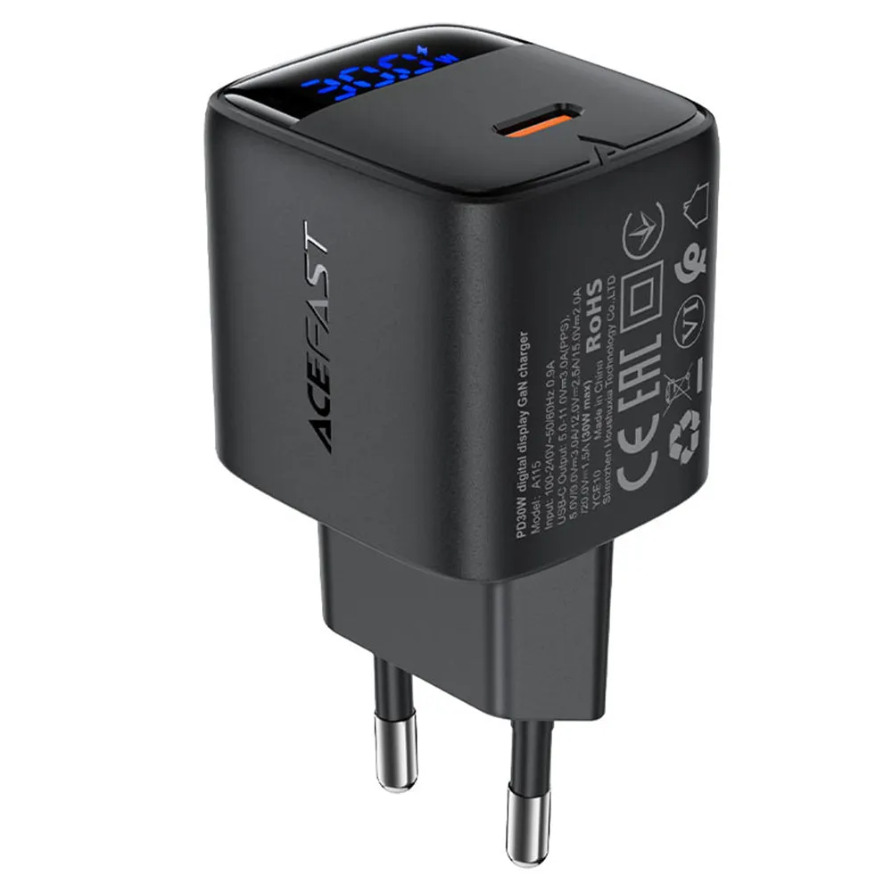 Caricabatterie Retea Acefast A115 Display, 30W, 3A, 1 x USB-C, Nero - immagine 1