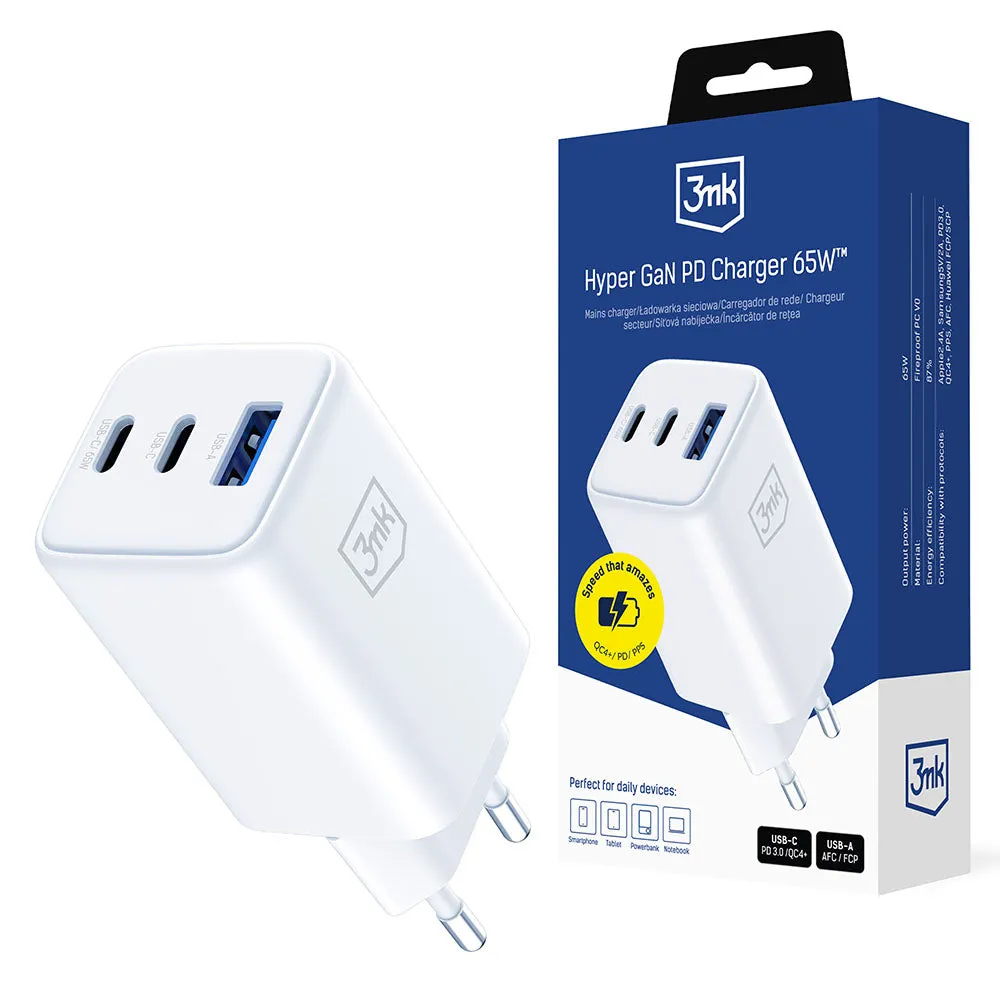 Caricabatterie Retea 3MK Hyper, 65W, 3.25A, 1 x USB-A - 2 x USB-C, Bianco - immagine 1