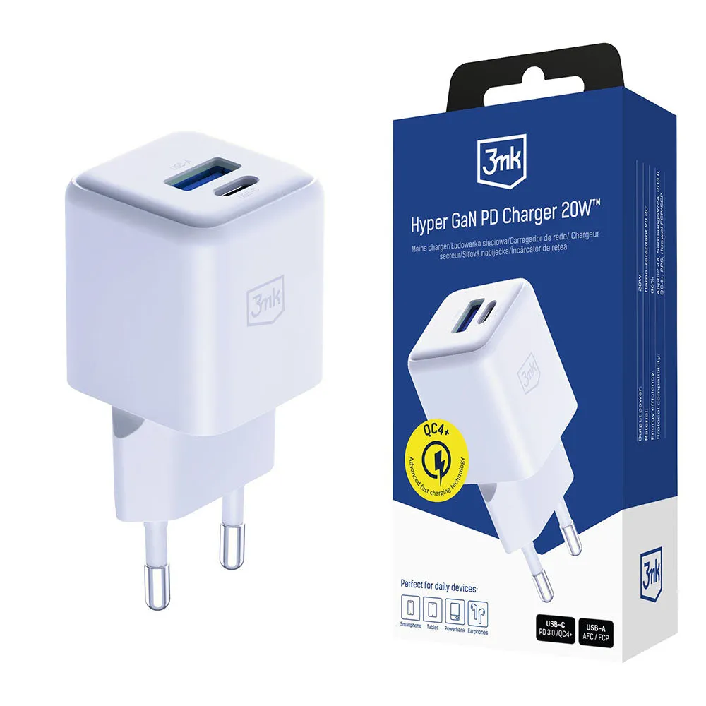 Caricabatterie Retea 3MK Hyper, 20W, 3A, 1 x USB-A - 1 x USB-C, Bianco - immagine 1