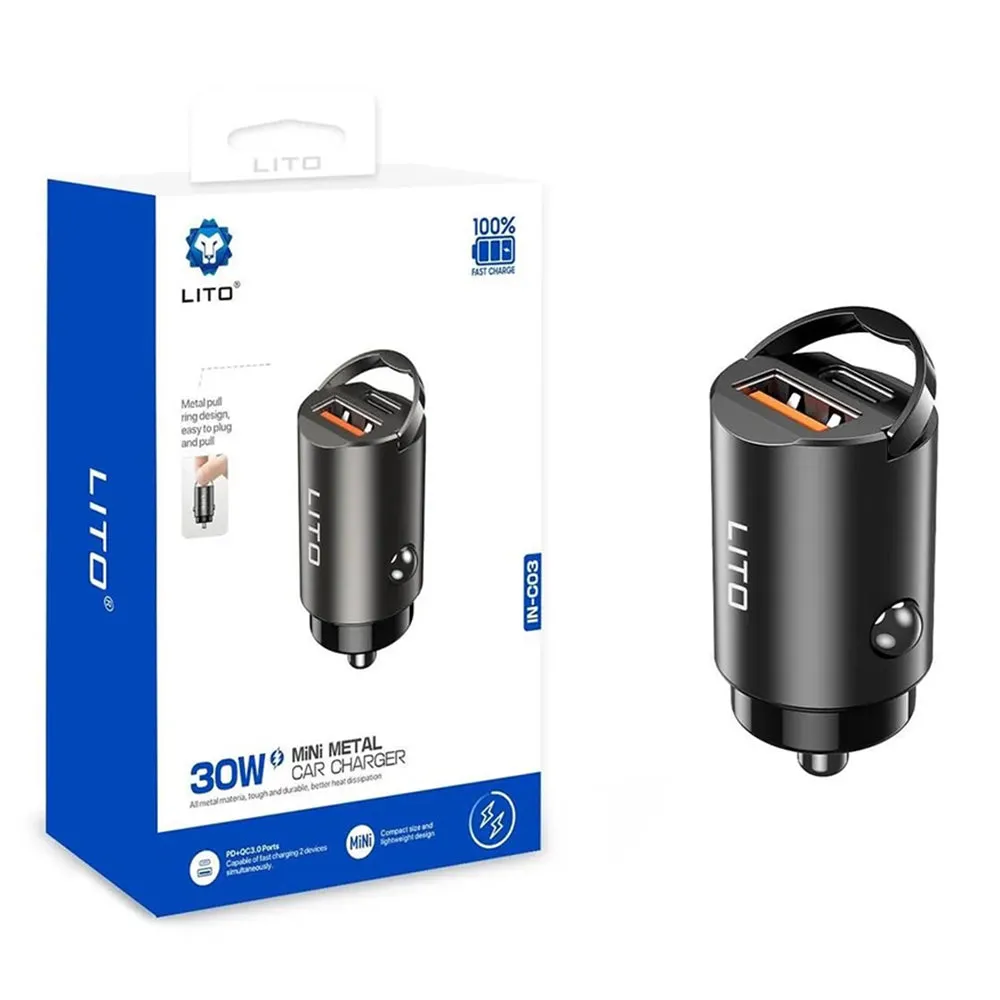Caricabatterie Auto Lito IN-C03, 30W, 3A, 1 x USB-A - 1 x USB-C, Nero - immagine 1
