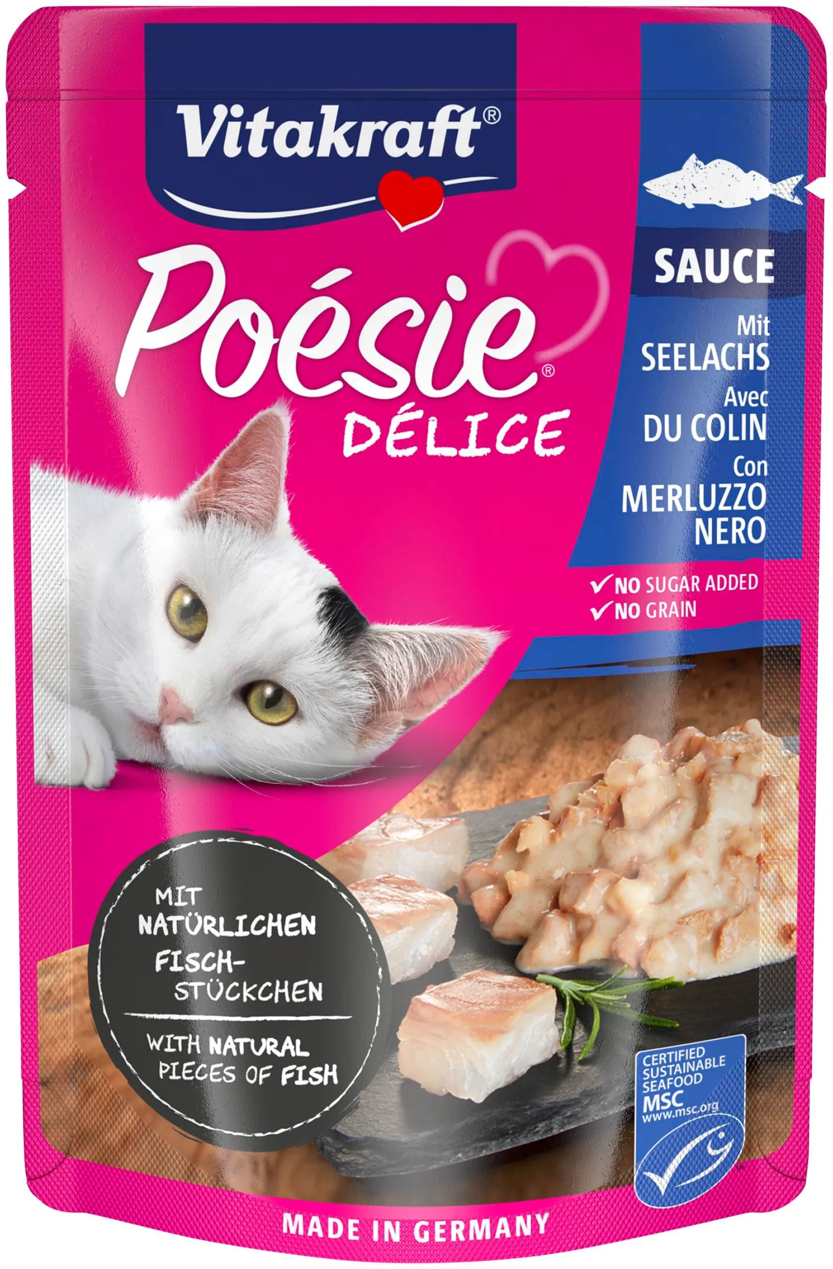 Vitakraft Poésie Délice, alimento umido gatto, alimento umido gatto in salsa, con merluzzo carbonaro, confezione scorta, senza l'aggiunta di zuccheri e cereali (23x 85g) - immagine 2