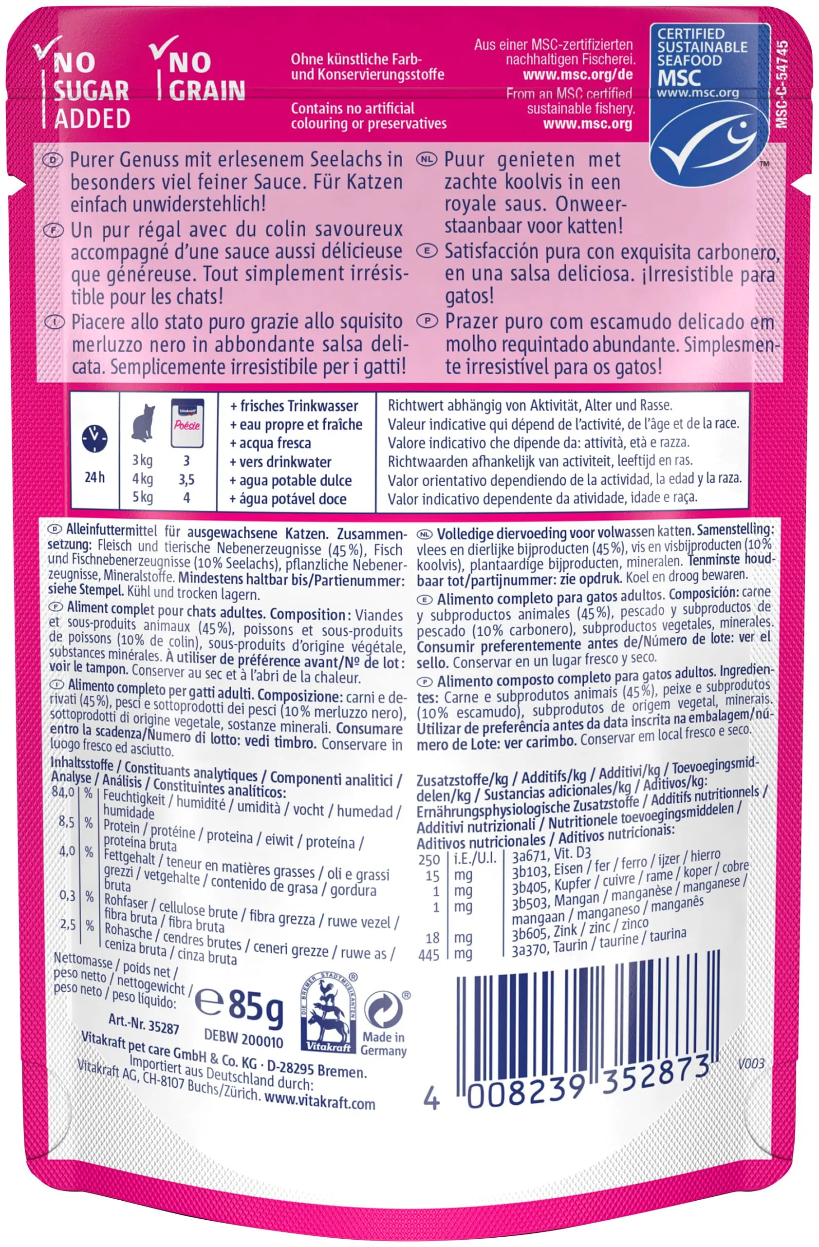 Vitakraft Poésie Délice, alimento umido gatto, alimento umido gatto in salsa, con merluzzo carbonaro, confezione scorta, senza l'aggiunta di zuccheri e cereali (23x 85g) - immagine 3