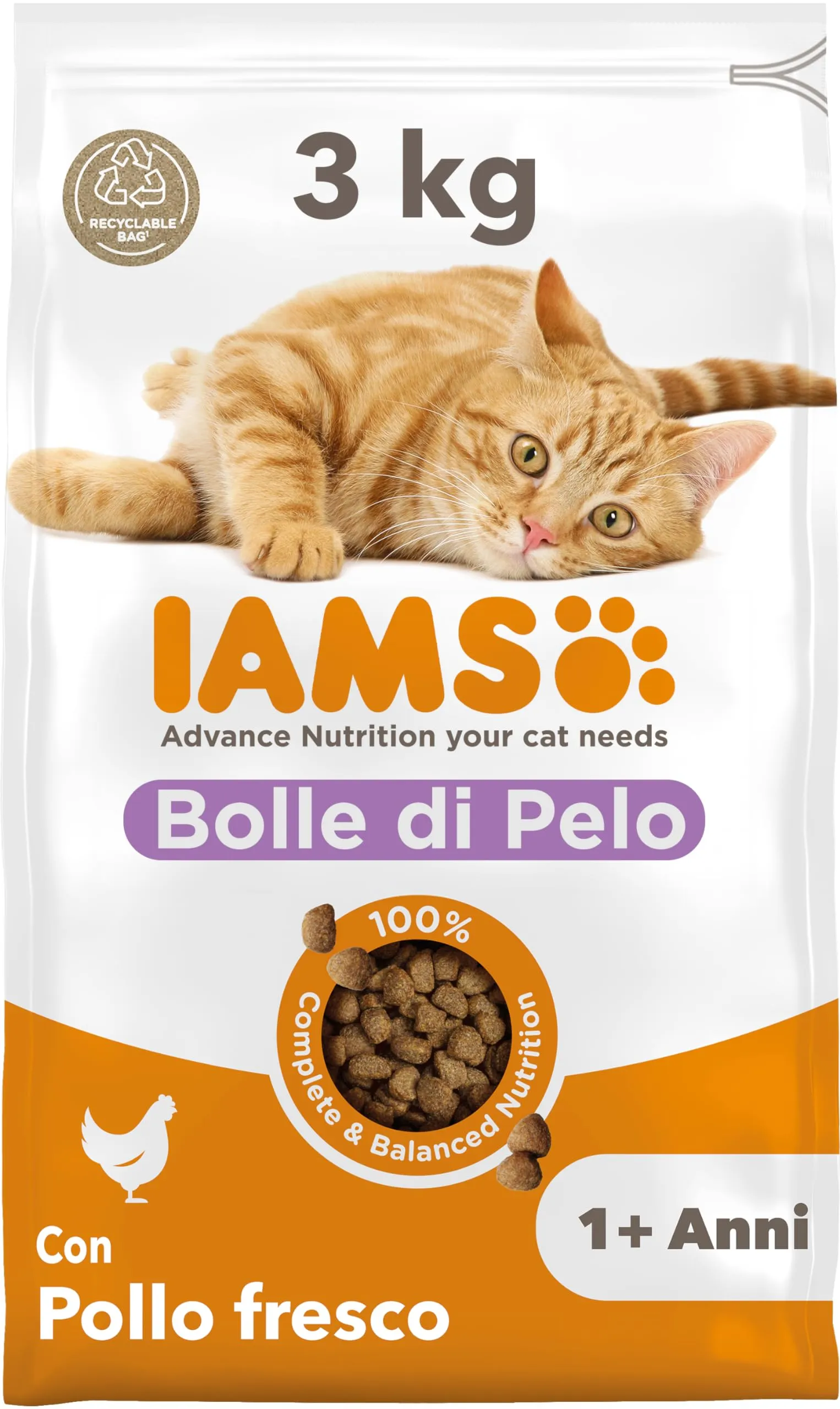 IAMS Anti-Hairball - Cibo secco per gatti per ridurre boli di pelo, 3 kg - immagine 1
