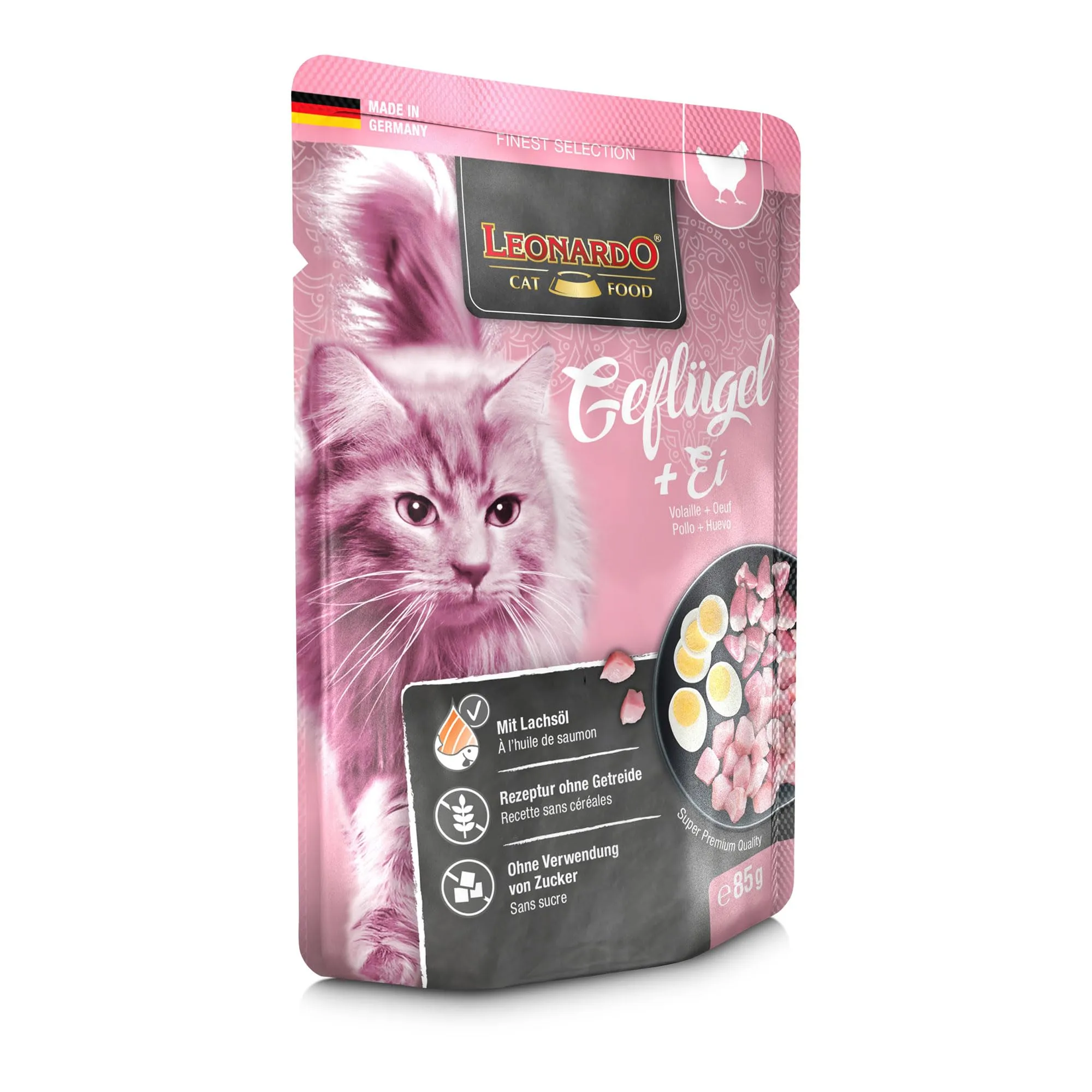 Leonardo Sacchetto salvafreschezza [16x85g Pollame + Uovo] | Cibo umido senza cereali per gatti | Alimento completo umido in busta monoporzione - immagine 2