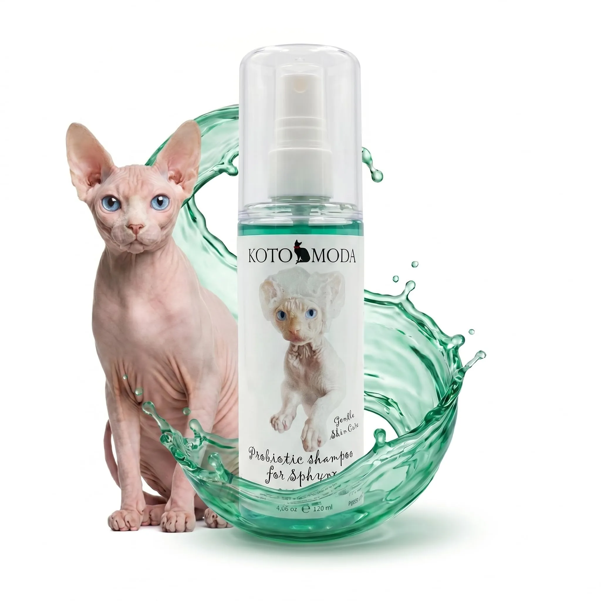 Kotomoda Shampoo Probiotico per Gatti Sphynx, Detergente delicato non profumato per razze nude e a pelo corto, Formula a pH bilanciato idratante per pelle sensibile, 120 ml / 4,06 fl oz - immagine 1