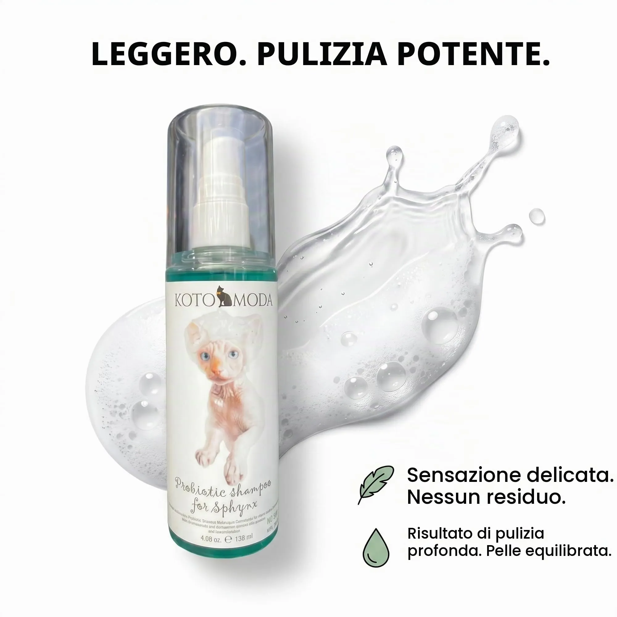 Kotomoda Shampoo Probiotico per Gatti Sphynx, Detergente delicato non profumato per razze nude e a pelo corto, Formula a pH bilanciato idratante per pelle sensibile, 120 ml / 4,06 fl oz - immagine 3