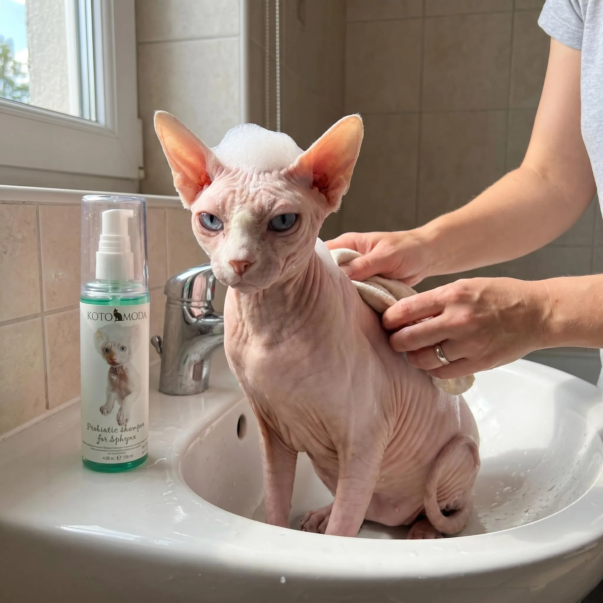Kotomoda Shampoo Probiotico per Gatti Sphynx, Detergente delicato non profumato per razze nude e a pelo corto, Formula a pH bilanciato idratante per pelle sensibile, 120 ml / 4,06 fl oz - immagine 5