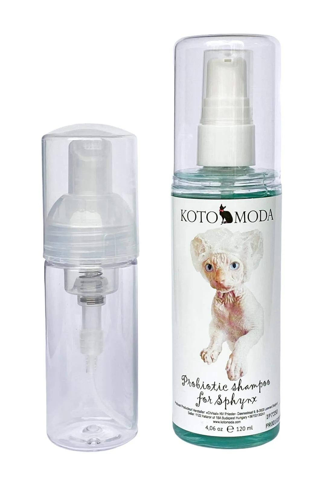 Kotomoda Shampoo Probiotico + Dispenser di Schiuma per Gatti Sphynx, detergente delicato senza profumo per razze senza pelo e a pelo corto, formula idratante a pH bilanciato, 120 ml / 4,06 fl oz - immagine 1