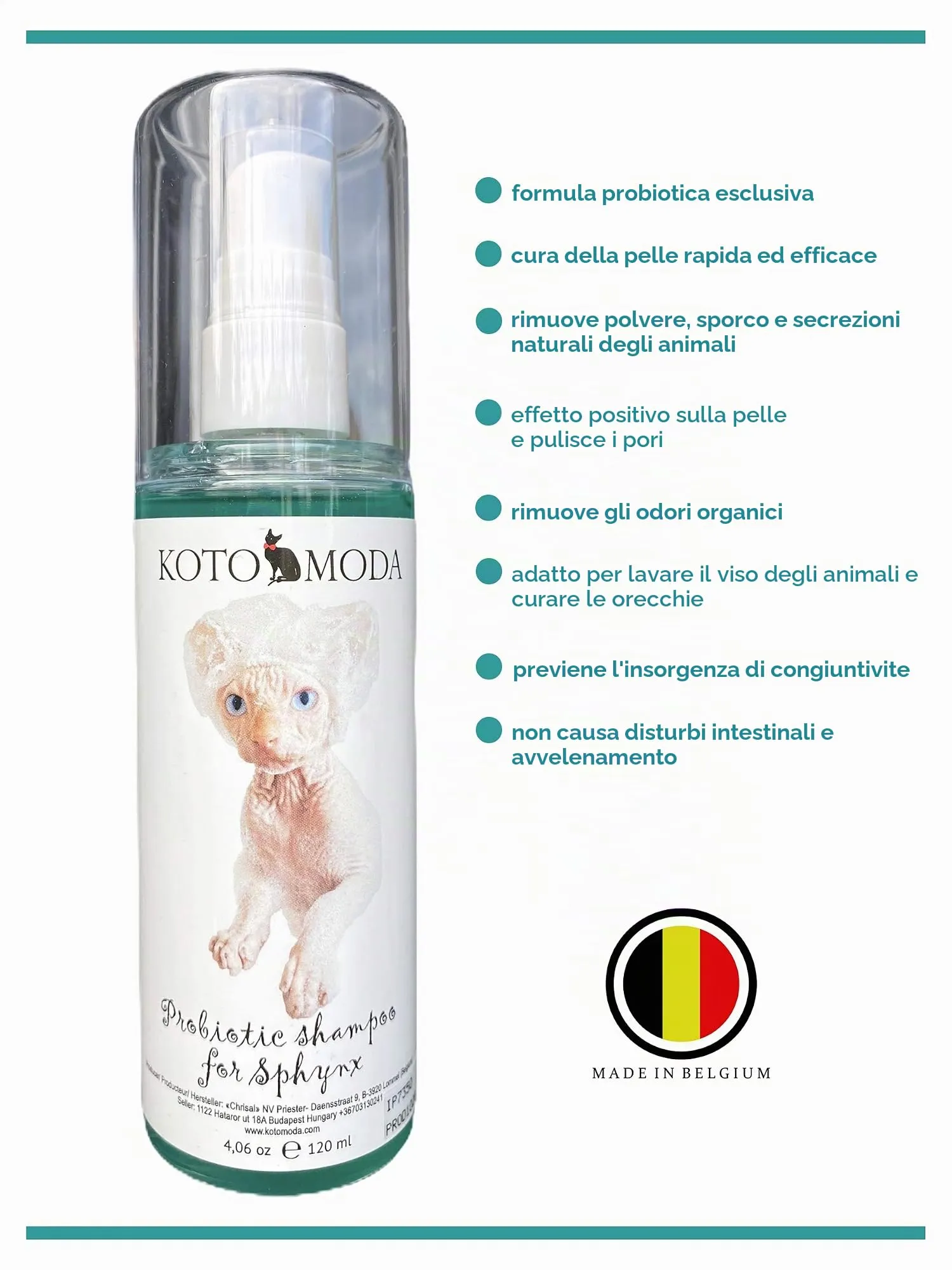 Kotomoda Shampoo Probiotico + Dispenser di Schiuma per Gatti Sphynx, detergente delicato senza profumo per razze senza pelo e a pelo corto, formula idratante a pH bilanciato, 120 ml / 4,06 fl oz - immagine 2