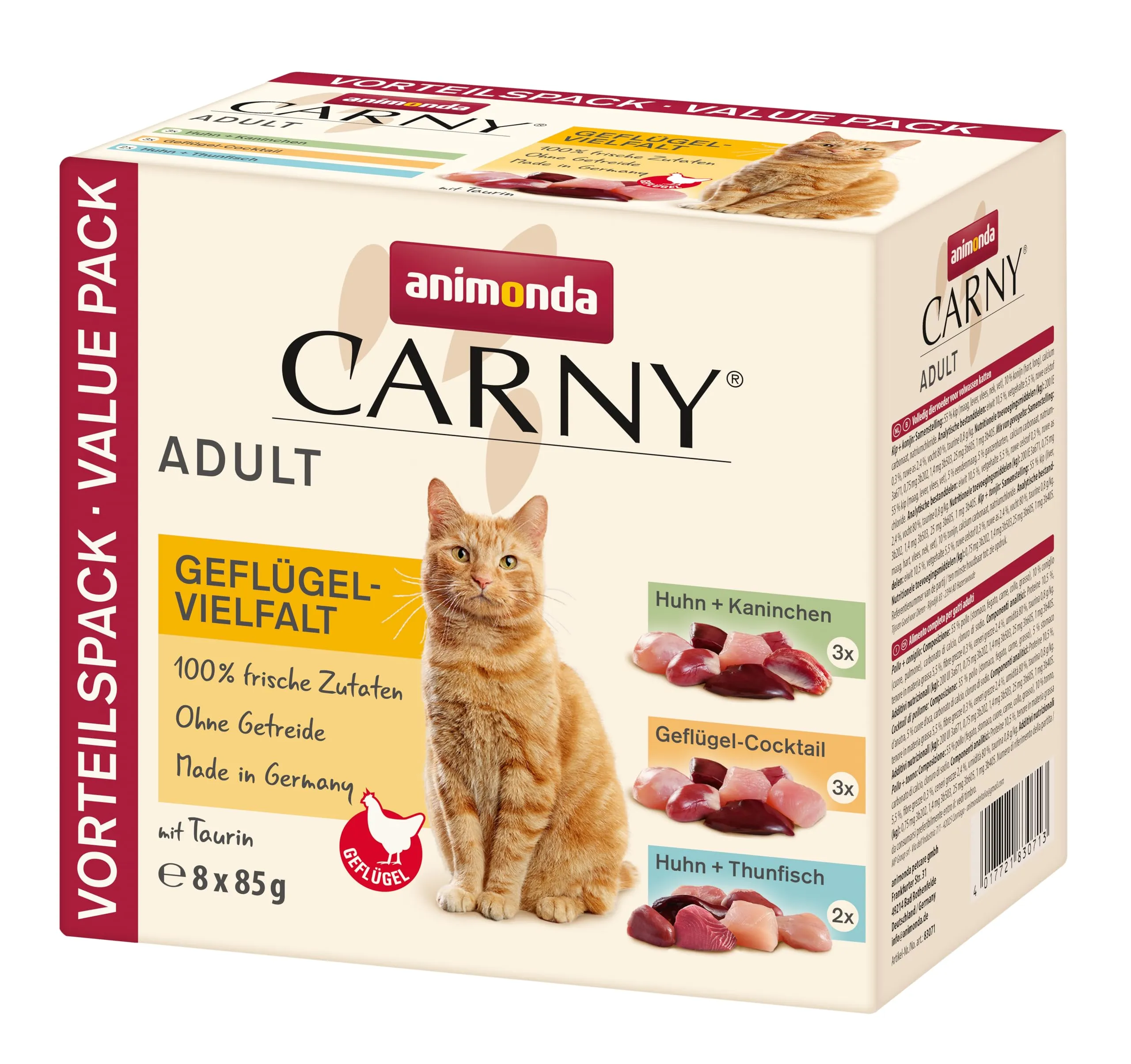 animonda Carny Adult, cibo umido per gatti, senza zucchero e senza cereali, Mix di Pollame con 8 Buste Fresche 8 x 85 g - immagine 1