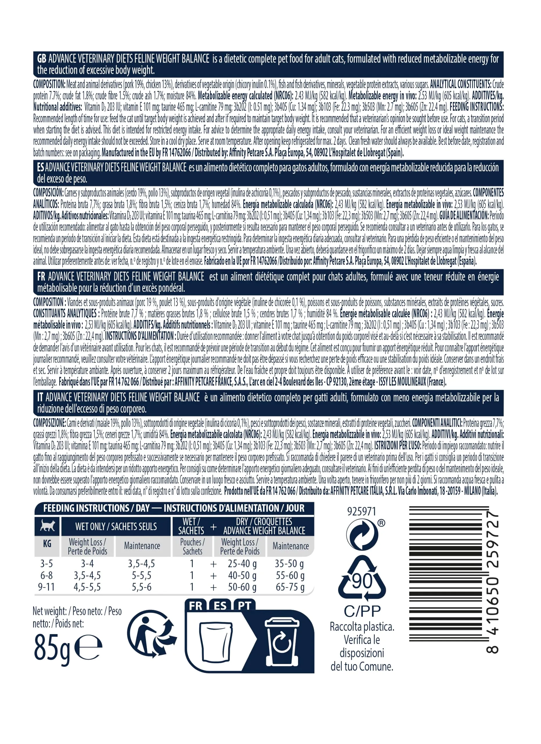 Advance Veterinary Diets Weight Balance - Cibo Umido per Gatti - 12 bustine da 85g - immagine 4