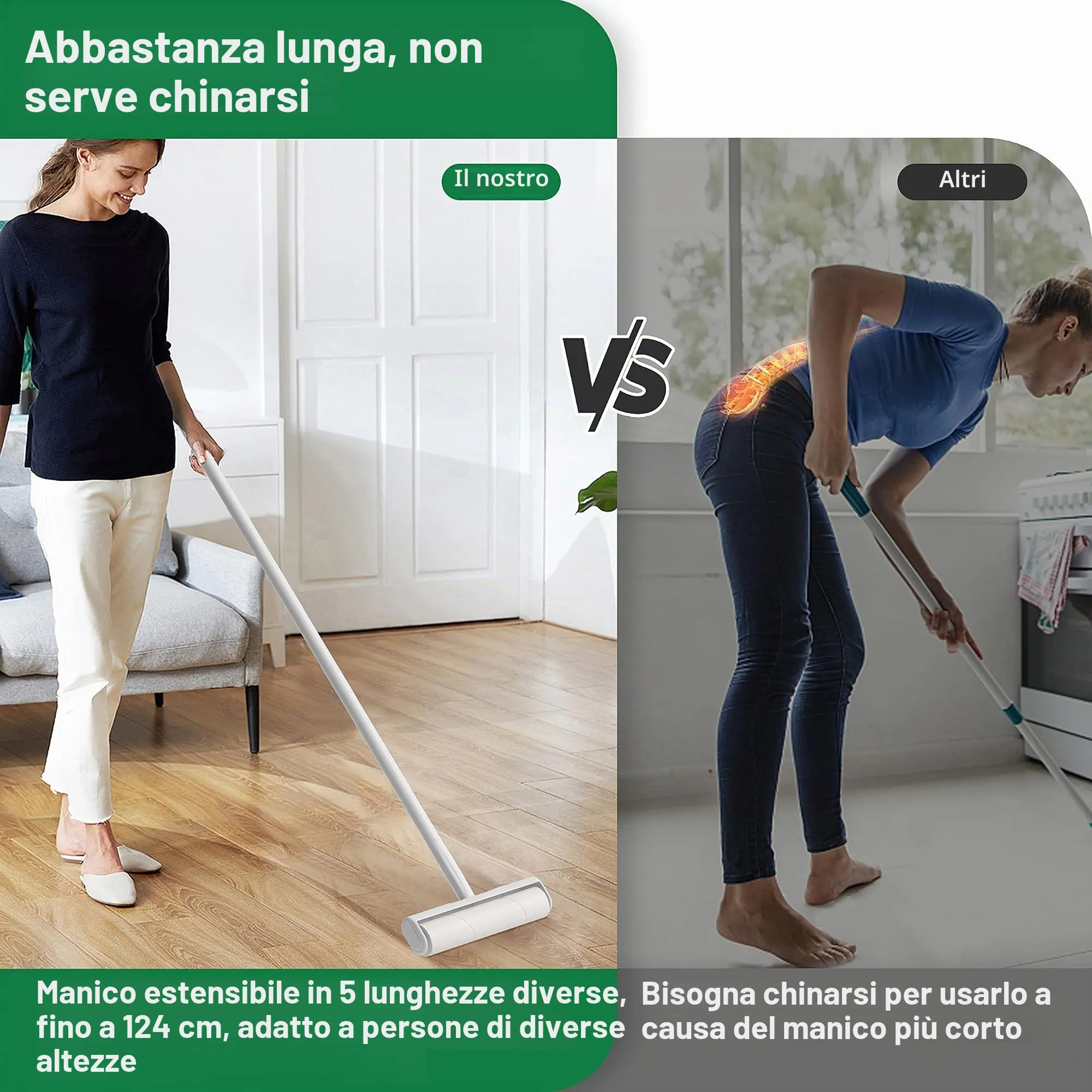 Grande rullo per peli di animali domestici con 6 manici estensibili e copertura antipolvere * 5 ricariche 300 fogli, extra appiccicoso e resistente, per la pulizia del pavimento del tappeto - immagine 2