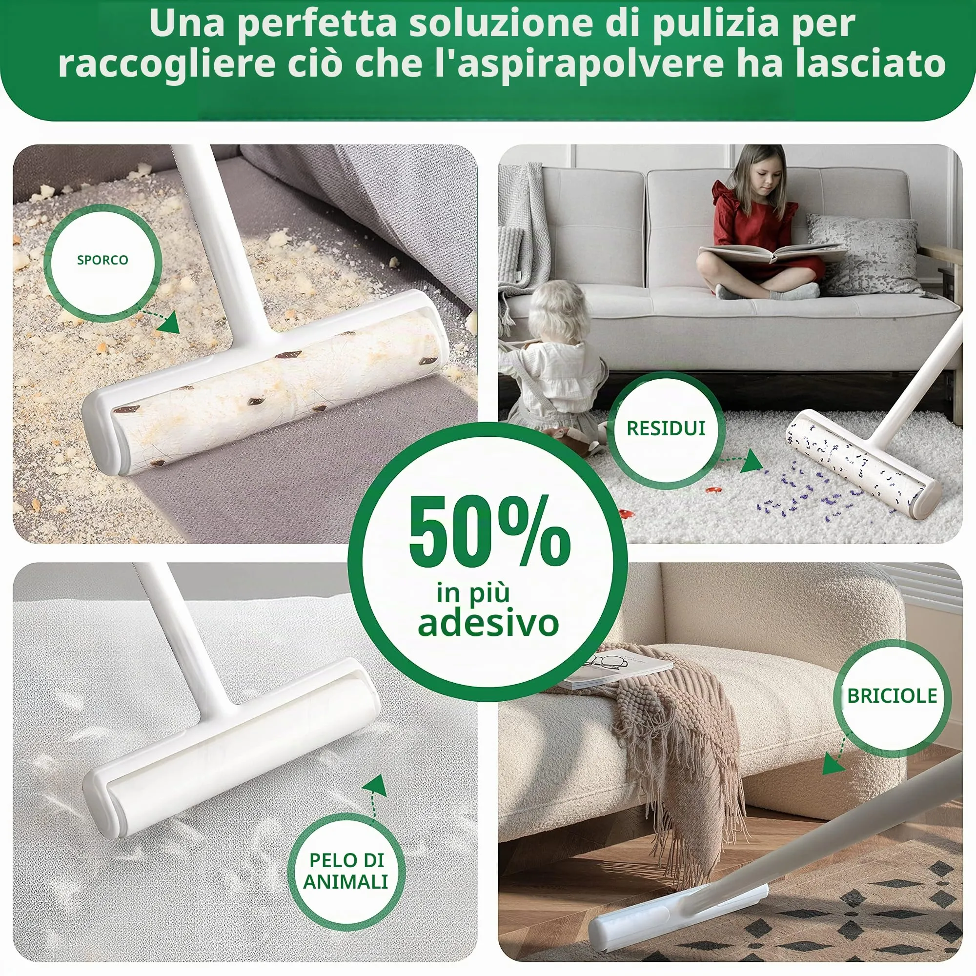 Grande rullo per peli di animali domestici con 6 manici estensibili e copertura antipolvere * 5 ricariche 300 fogli, extra appiccicoso e resistente, per la pulizia del pavimento del tappeto - immagine 3