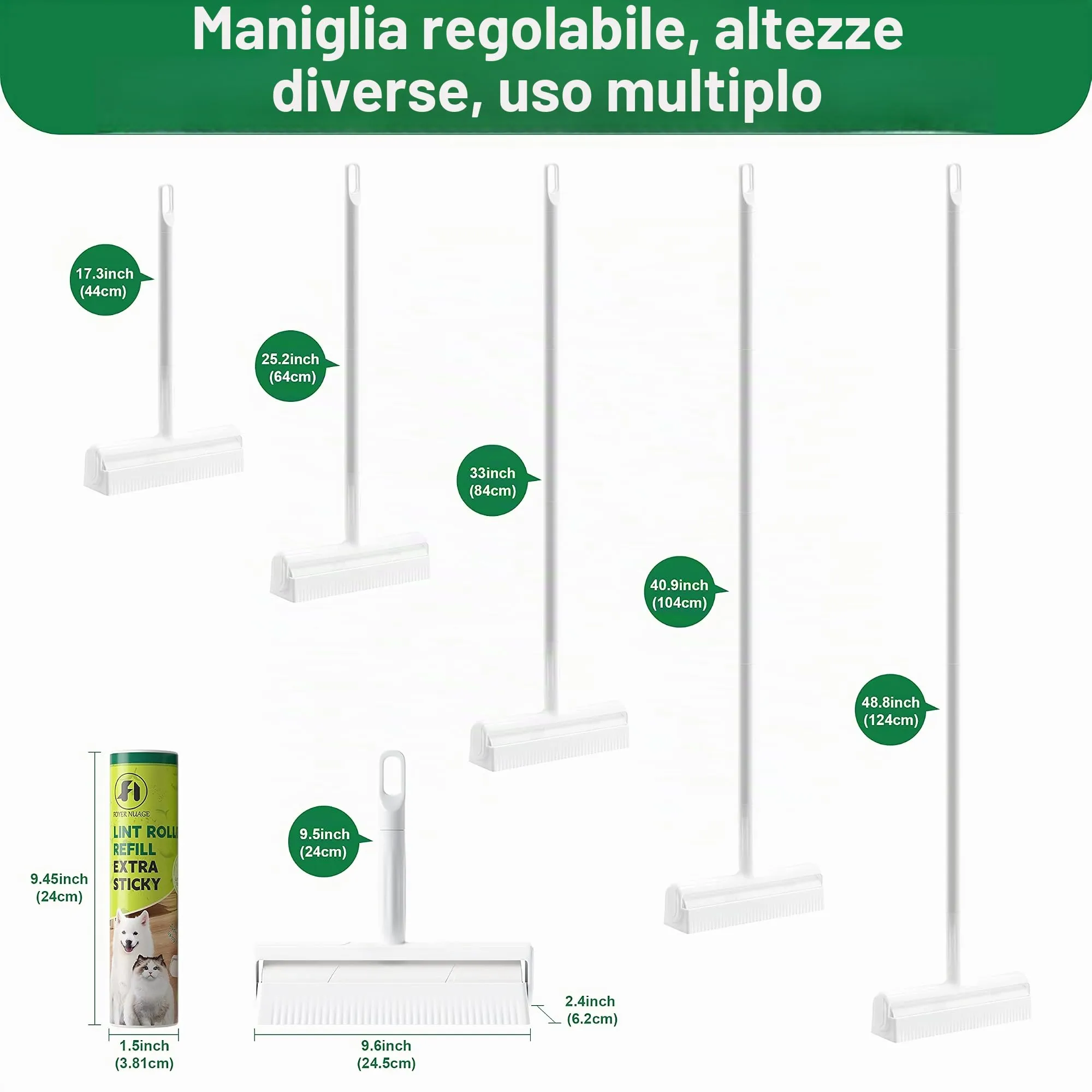 Grande rullo per peli di animali domestici con 6 manici estensibili e copertura antipolvere * 5 ricariche 300 fogli, extra appiccicoso e resistente, per la pulizia del pavimento del tappeto - immagine 4
