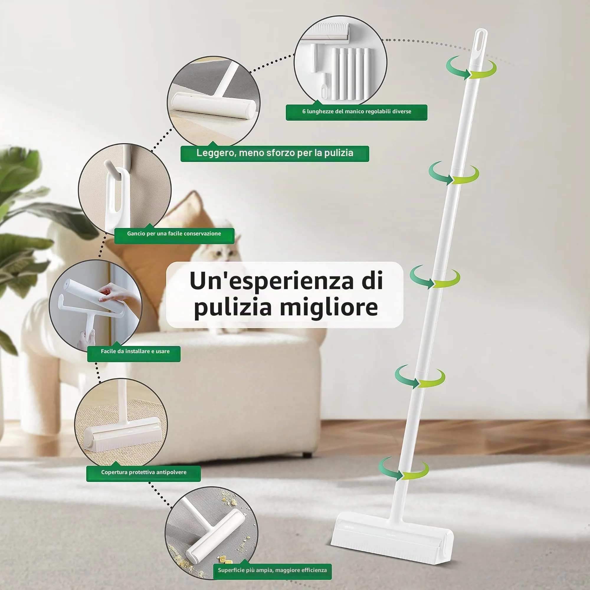 Grande rullo per peli di animali domestici con 6 manici estensibili e copertura antipolvere * 5 ricariche 300 fogli, extra appiccicoso e resistente, per la pulizia del pavimento del tappeto - immagine 5
