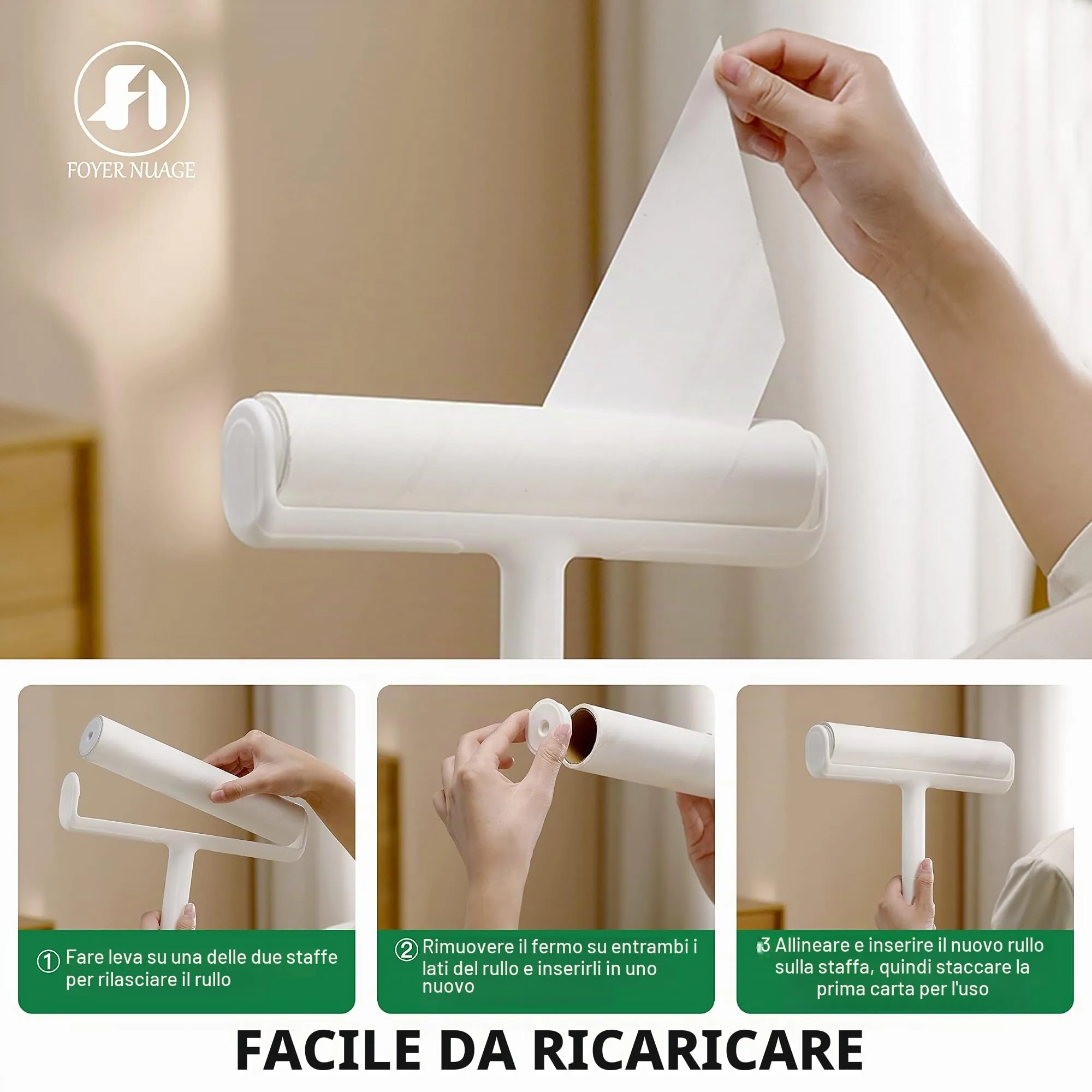 Grande rullo per peli di animali domestici con 6 manici estensibili e copertura antipolvere * 5 ricariche 300 fogli, extra appiccicoso e resistente, per la pulizia del pavimento del tappeto - immagine 6