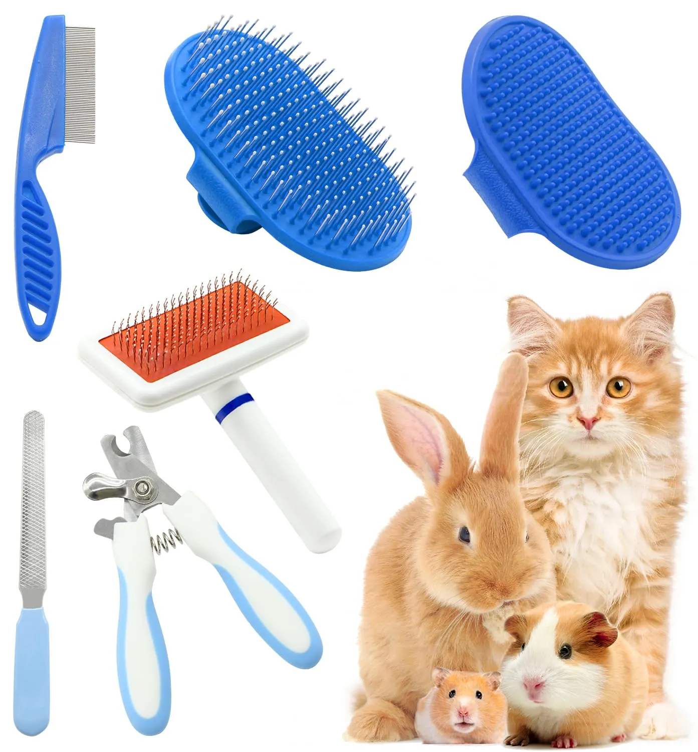 Kit per la toelettatura di conigli, con spazzola per coniglio, guanto da bagno e massaggio, pettine per spargimento di animali, tagliaunghie, tagliaunghie, set da 6 pezzi, per coniglietti, gattini, - immagine 1