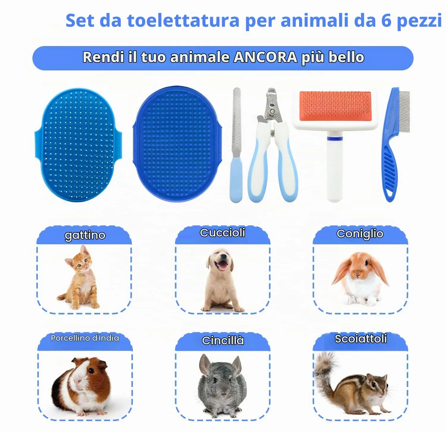 Kit per la toelettatura di conigli, con spazzola per coniglio, guanto da bagno e massaggio, pettine per spargimento di animali, tagliaunghie, tagliaunghie, set da 6 pezzi, per coniglietti, gattini, - immagine 3