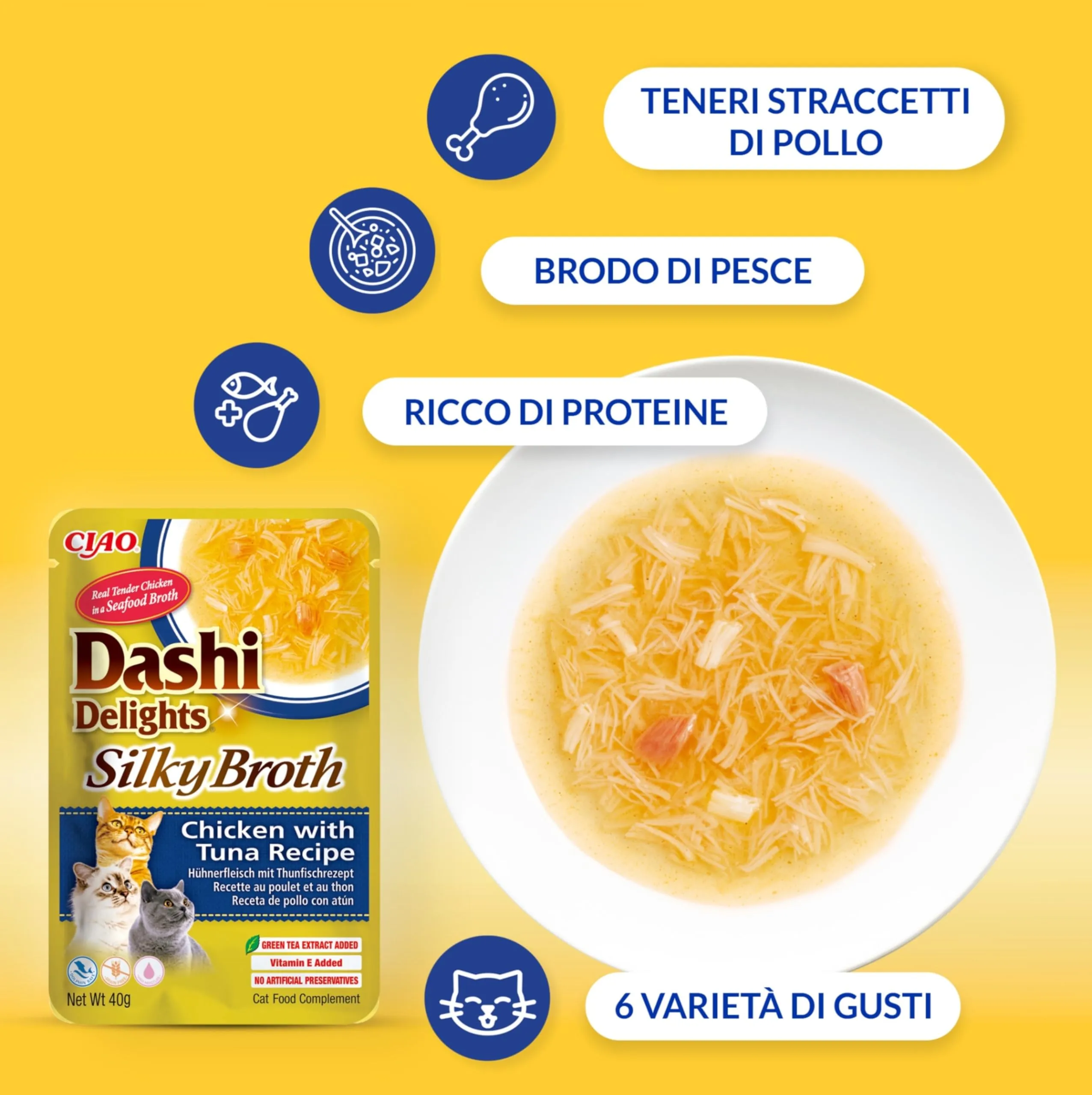 INABA Dashi Delights Silky Broth, Cibo Umido per Gatti con Pollo, Brodo di Pesce, Ricco di Proteine, Ingredienti Naturali, Pasto Complementare, 1 Confezione da 40 g - immagine 2