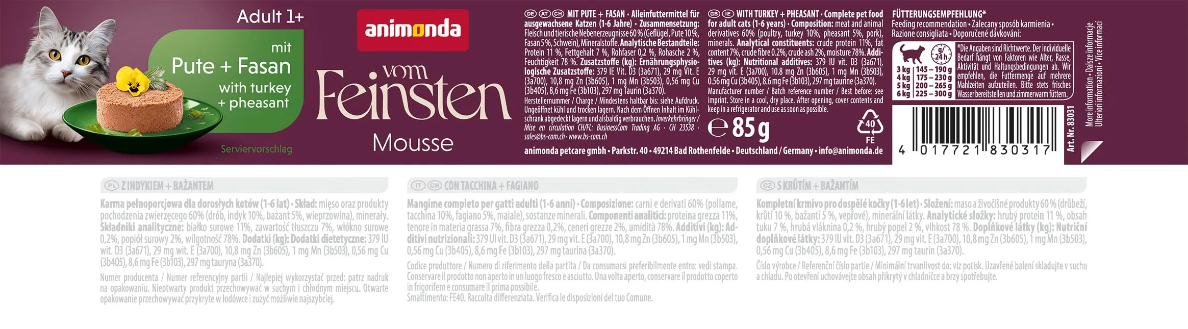 animonda vom Feinsten Mousse Cibo umido per gatti adulti senza zucchero con tacchino + fagiano 12x85 - immagine 4