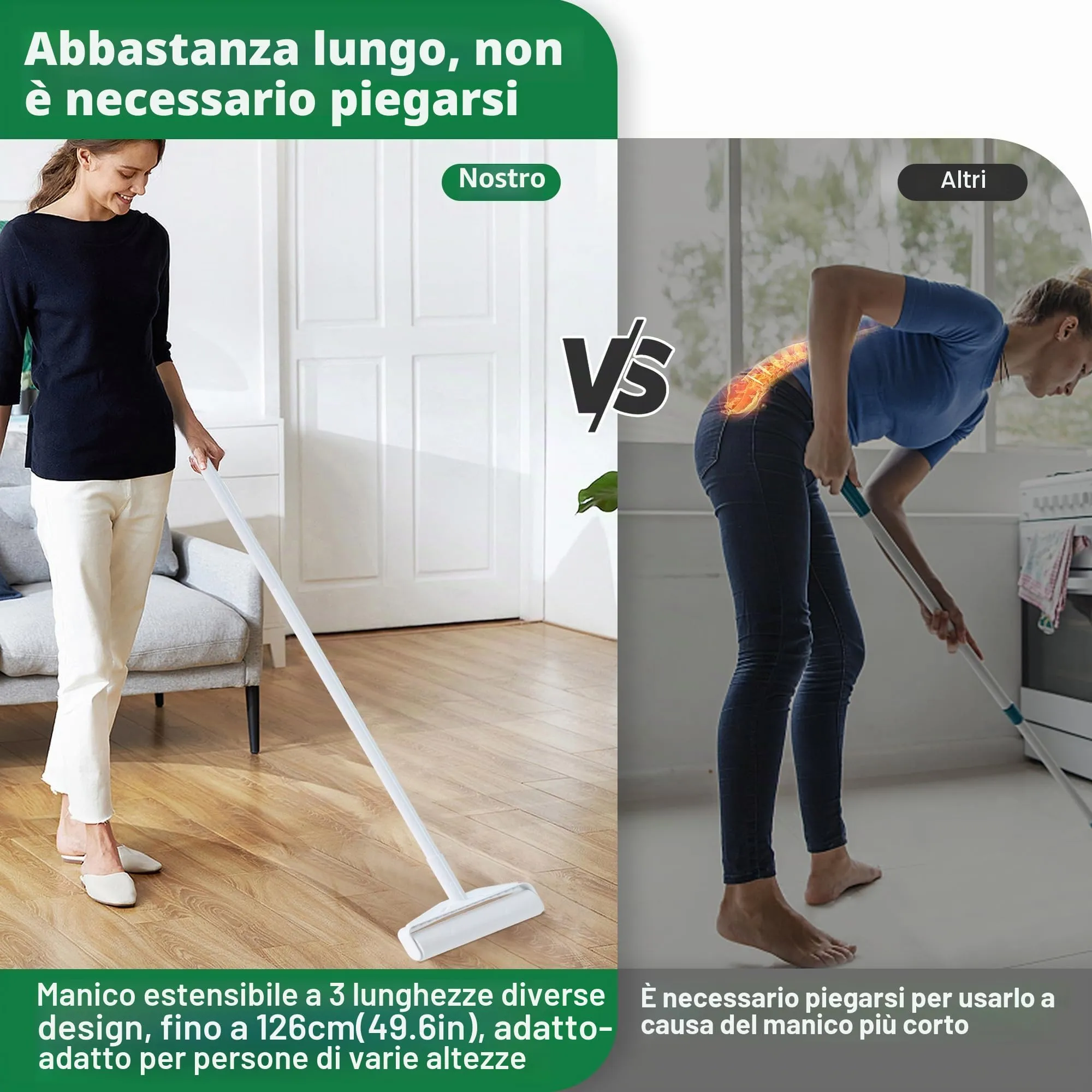 Grande rullo per peli di animali con 4 manici estraibili e copertura antipolvere, 4 ricariche da 240 fogli, manico lungo, robusto mocio per la pulizia di moquette - immagine 2