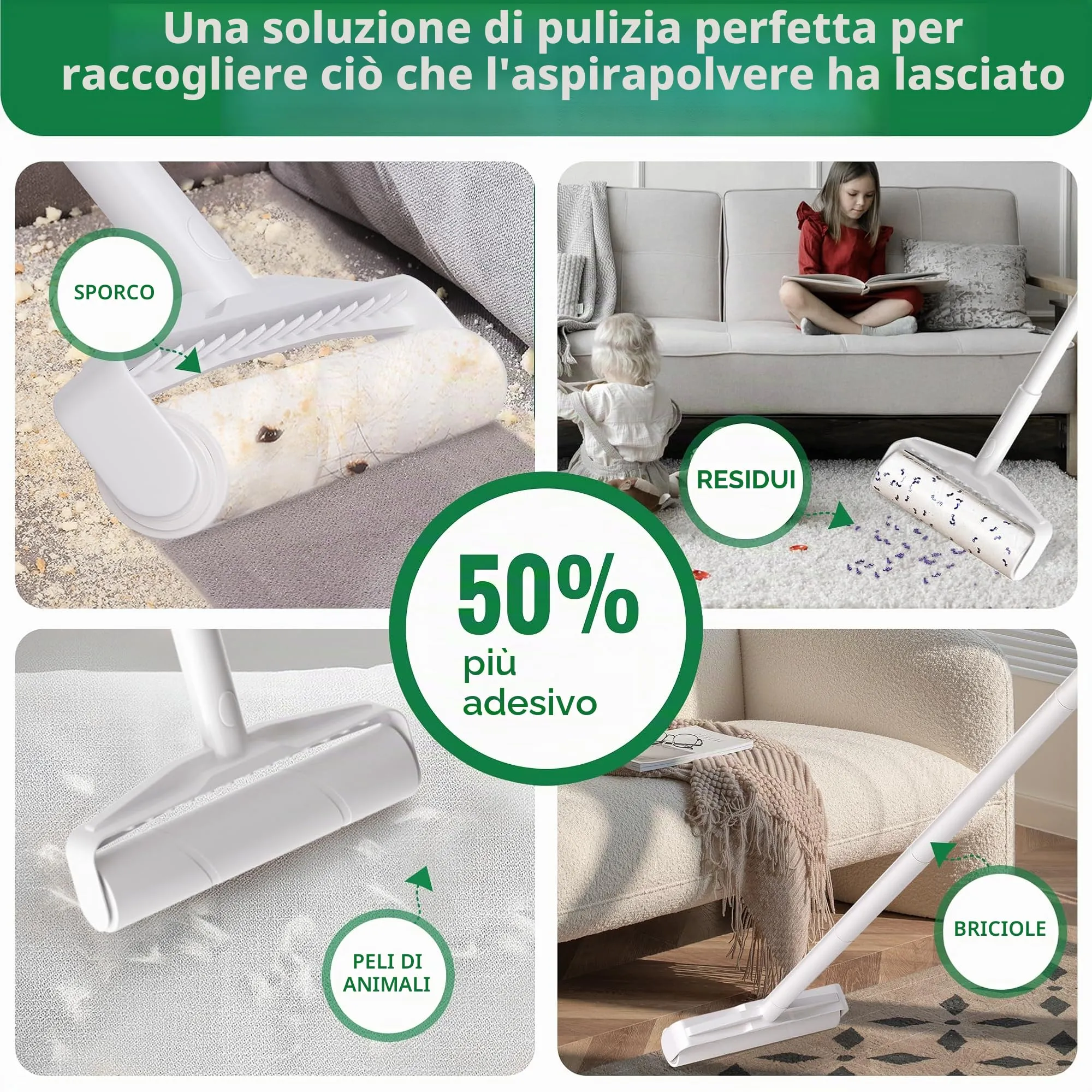 Grande rullo per peli di animali con 4 manici estraibili e copertura antipolvere, 4 ricariche da 240 fogli, manico lungo, robusto mocio per la pulizia di moquette - immagine 3