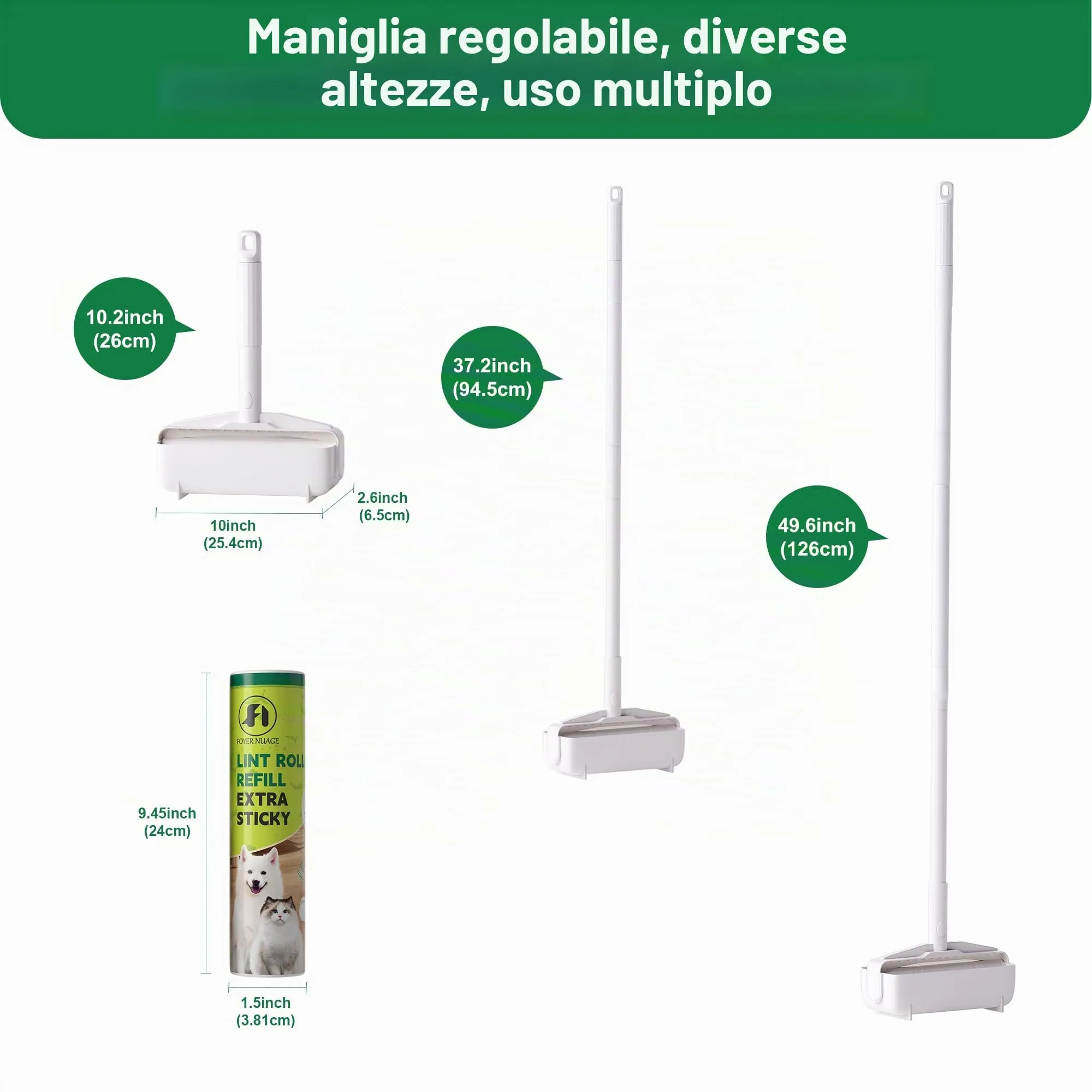 Grande rullo per peli di animali con 4 manici estraibili e copertura antipolvere, 4 ricariche da 240 fogli, manico lungo, robusto mocio per la pulizia di moquette - immagine 4