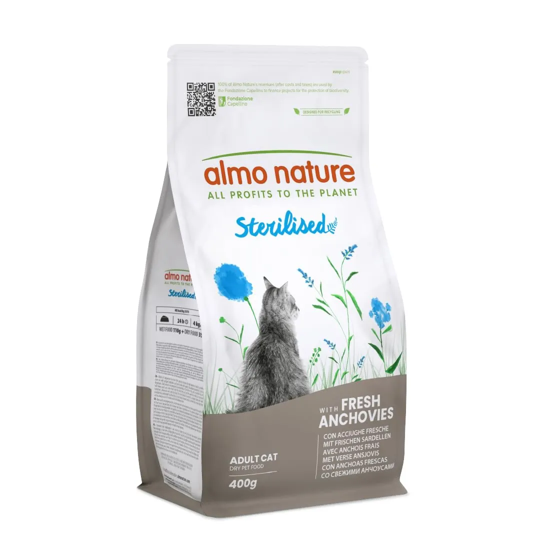 Almo Nature Sterilised - Crocchette Gatto Sterilizzato con Acciughe Fresche - A Basso Contenuto di Magnesio e con Fibre per il Controllo del Peso - Sacco da 400g - immagine 1