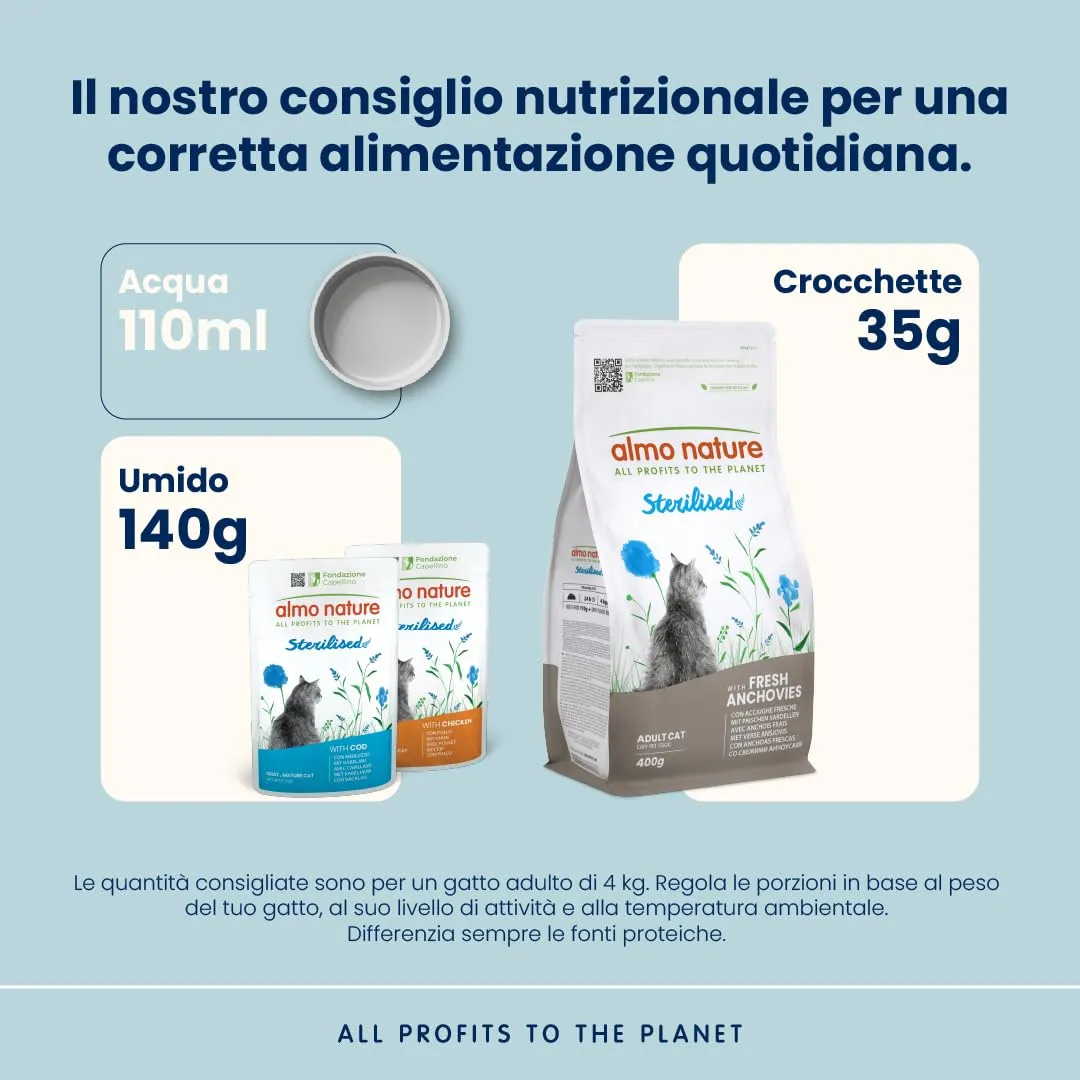 Almo Nature Sterilised - Crocchette Gatto Sterilizzato con Acciughe Fresche - A Basso Contenuto di Magnesio e con Fibre per il Controllo del Peso - Sacco da 400g - immagine 3