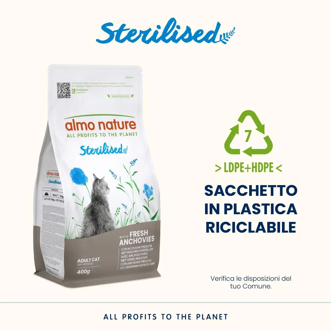 Almo Nature Sterilised - Crocchette Gatto Sterilizzato con Acciughe Fresche - A Basso Contenuto di Magnesio e con Fibre per il Controllo del Peso - Sacco da 400g - immagine 4