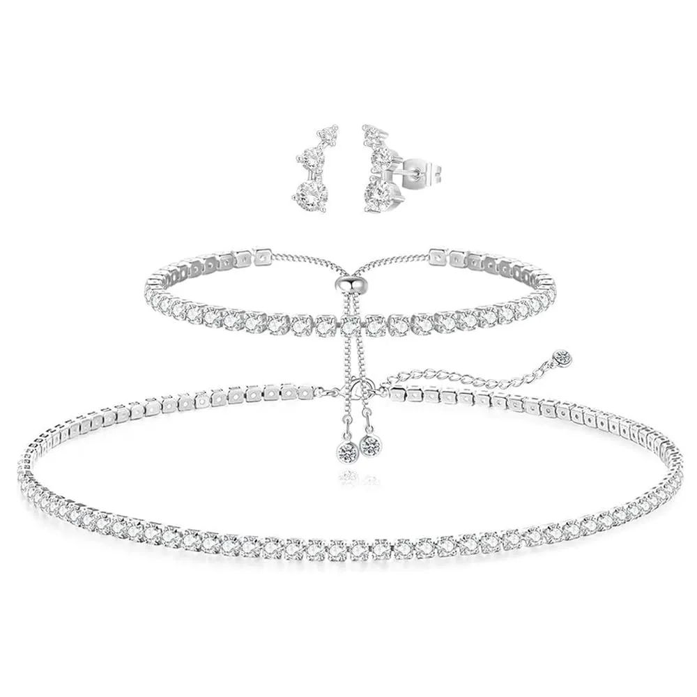 XFSRG Set di Collane da Tennis da Donna Braccialetti Orecchini Collana 14k con Zirconi Gioielli in Argento per Sposa Cerimonie Eventi Lusso e Regalo Raffinato - immagine 1