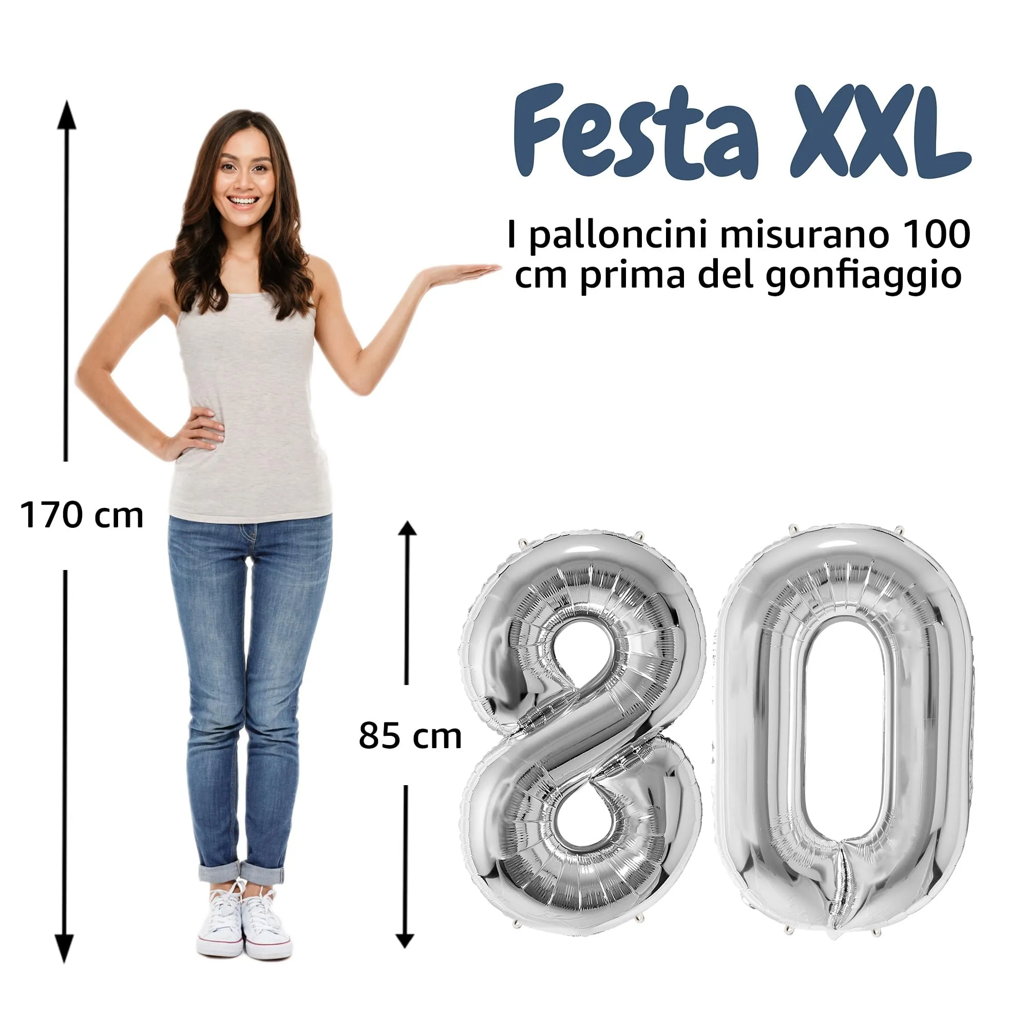 FUNFEST Palloncini Compleanno 80 Anni Argento – Numeri Giganti (100cm) - immagine 2