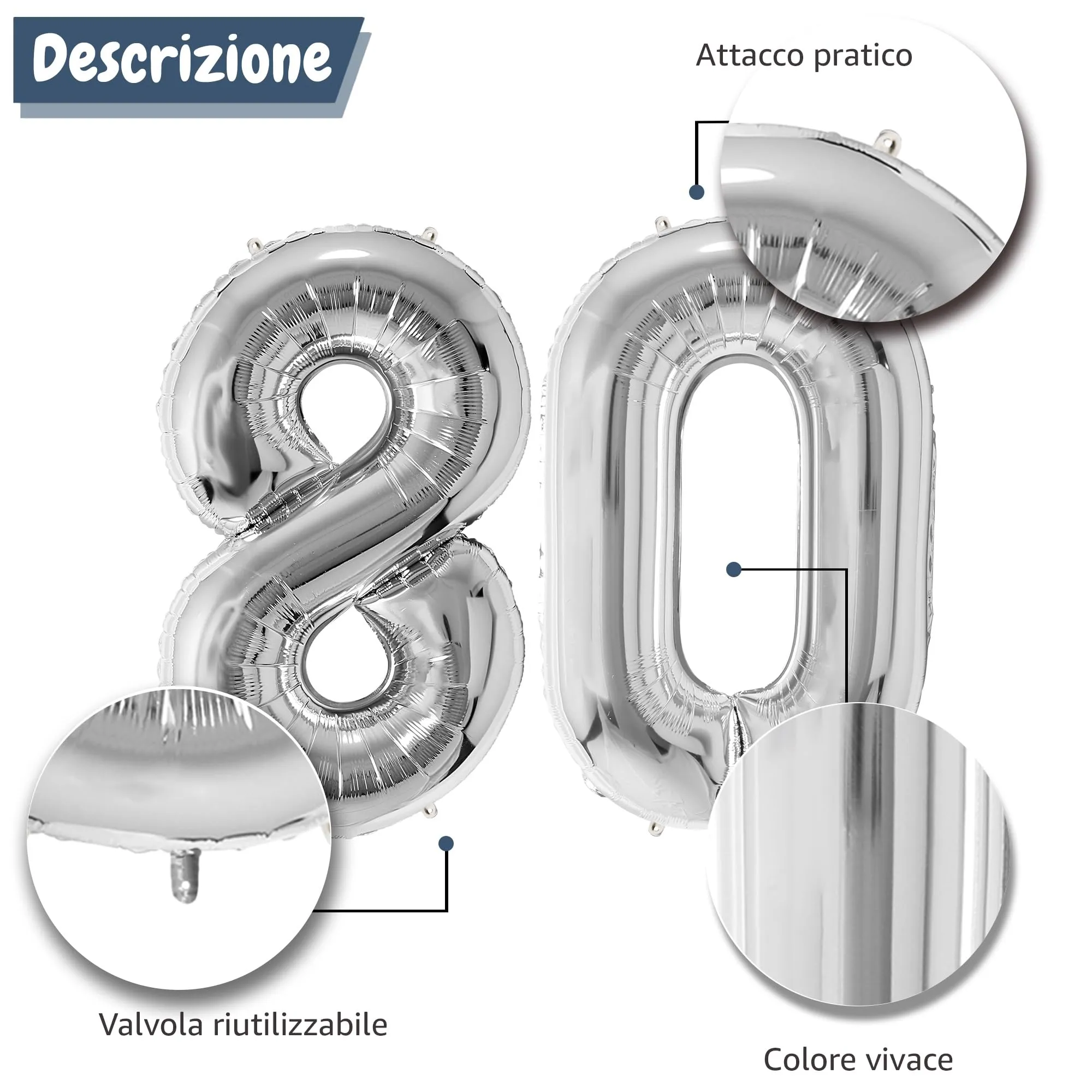 FUNFEST Palloncini Compleanno 80 Anni Argento – Numeri Giganti (100cm) - immagine 6