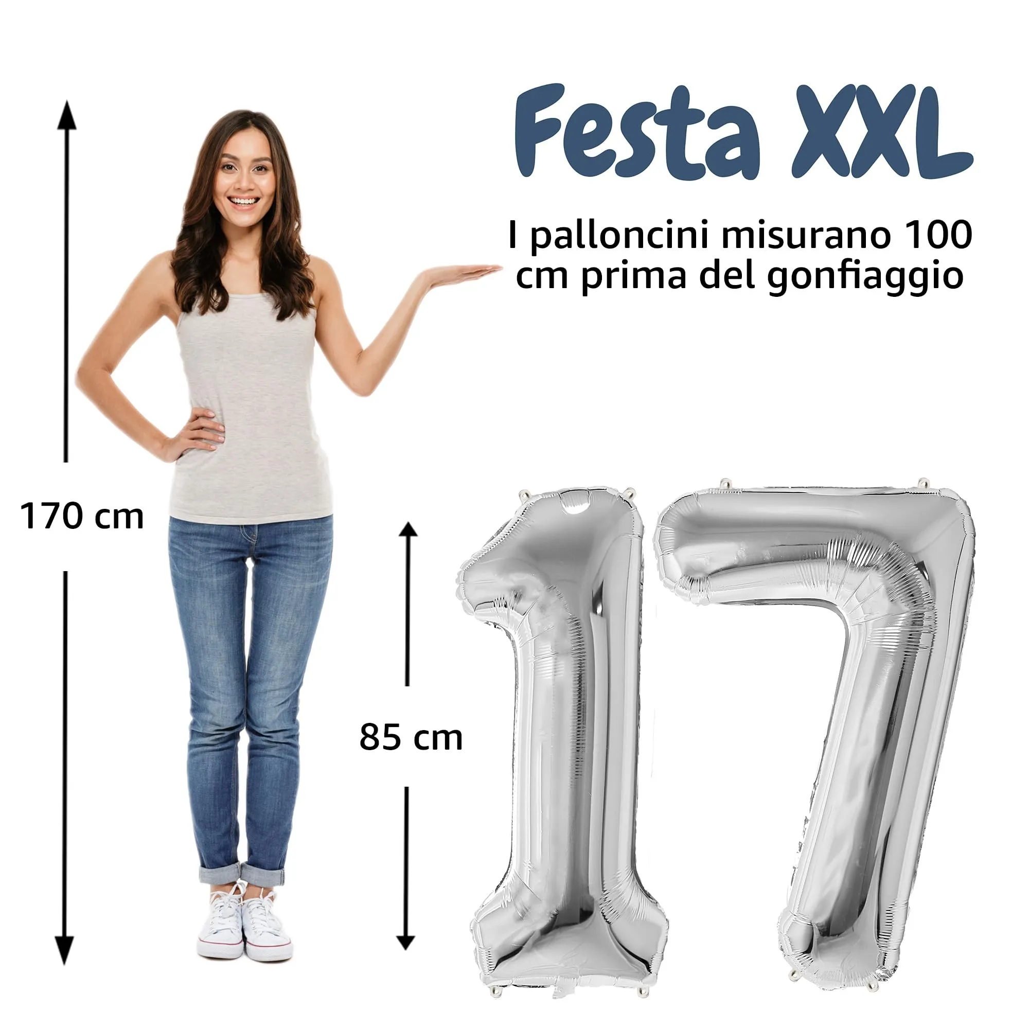 FunFest - Palloncino 17° Compleanno Argento - Numero Gigante 100 cm - immagine 2