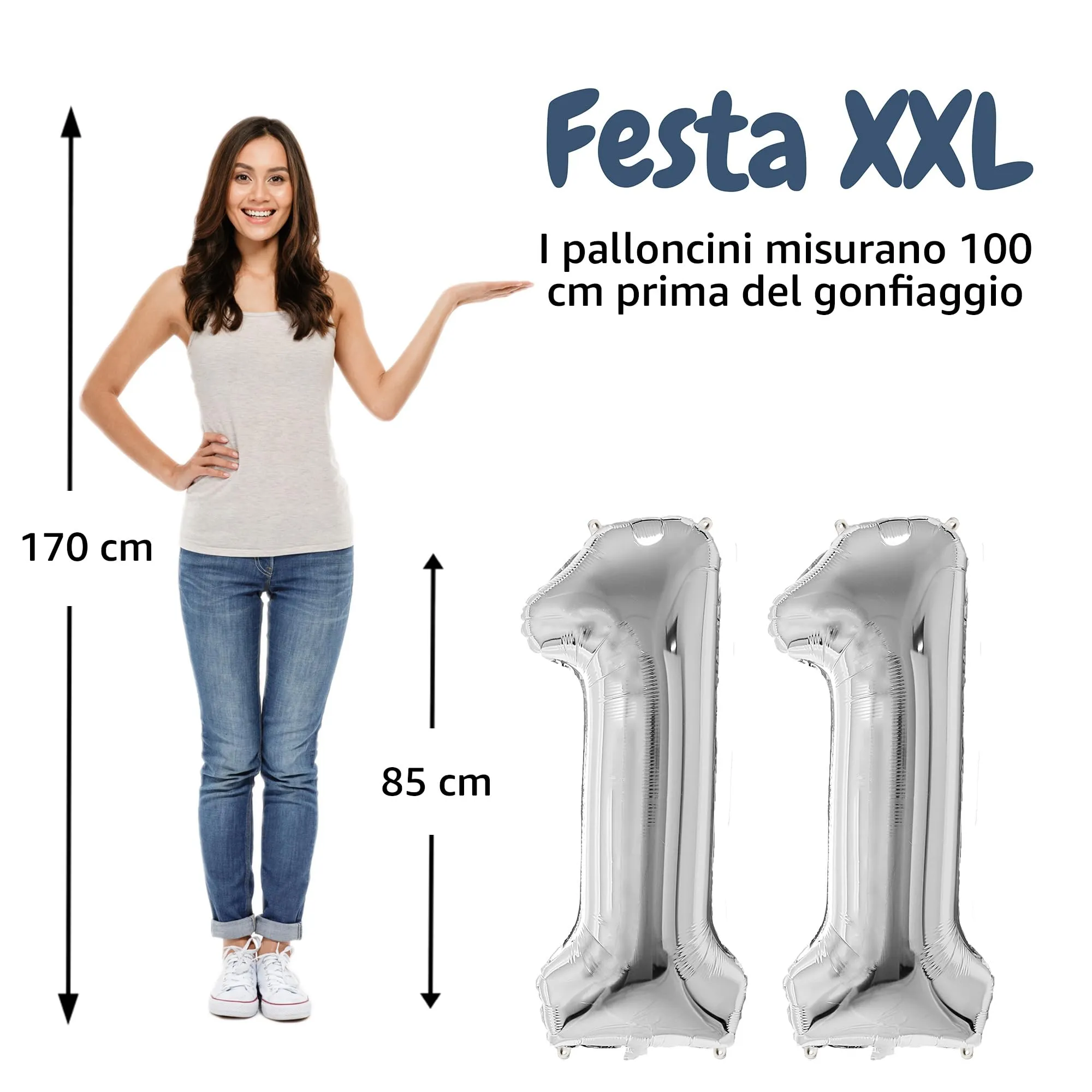 FunFest - Palloncino 11° Compleanno Argento - Numero Gigante 100 cm - immagine 2