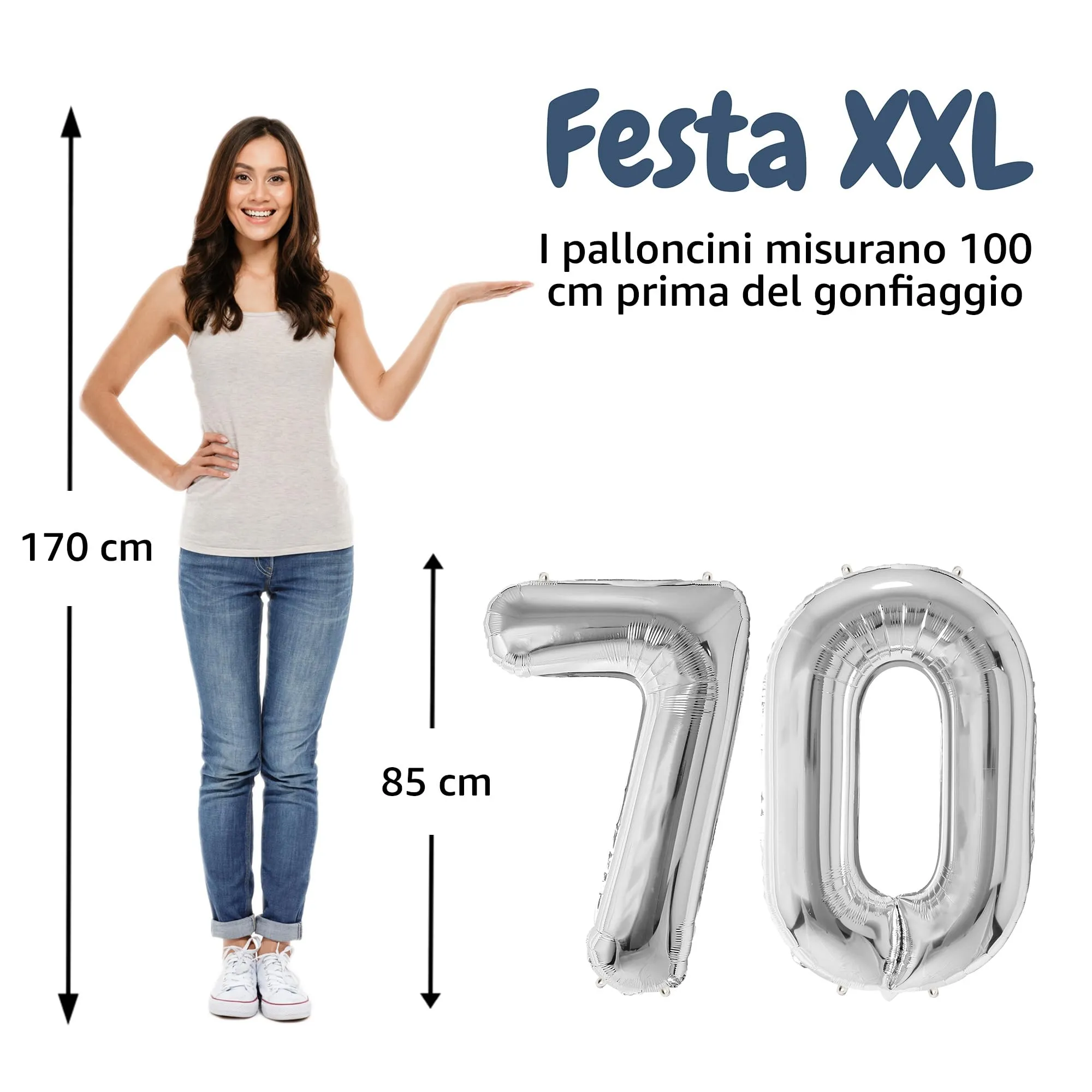 FUNFEST Palloncini Compleanno 70 Anni Argento – Numeri Giganti (100cm) - immagine 2