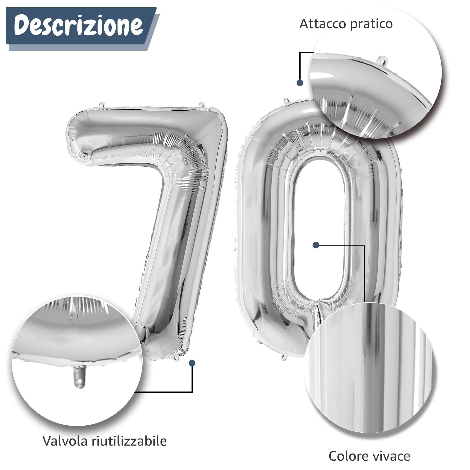 FUNFEST Palloncini Compleanno 70 Anni Argento – Numeri Giganti (100cm) - immagine 6