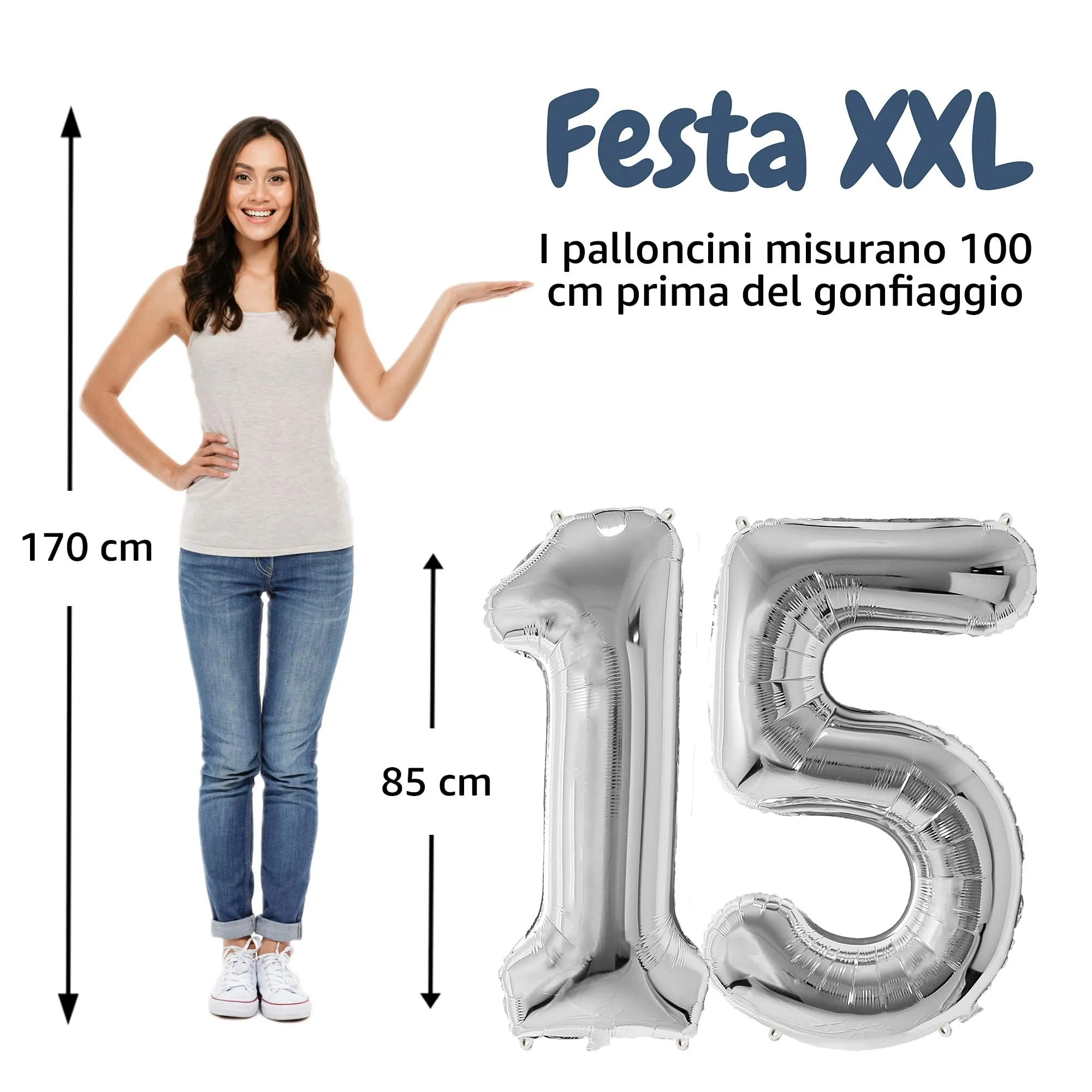 FunFest - Palloncino 15° Compleanno Argento - Numero Gigante 100 cm - immagine 2