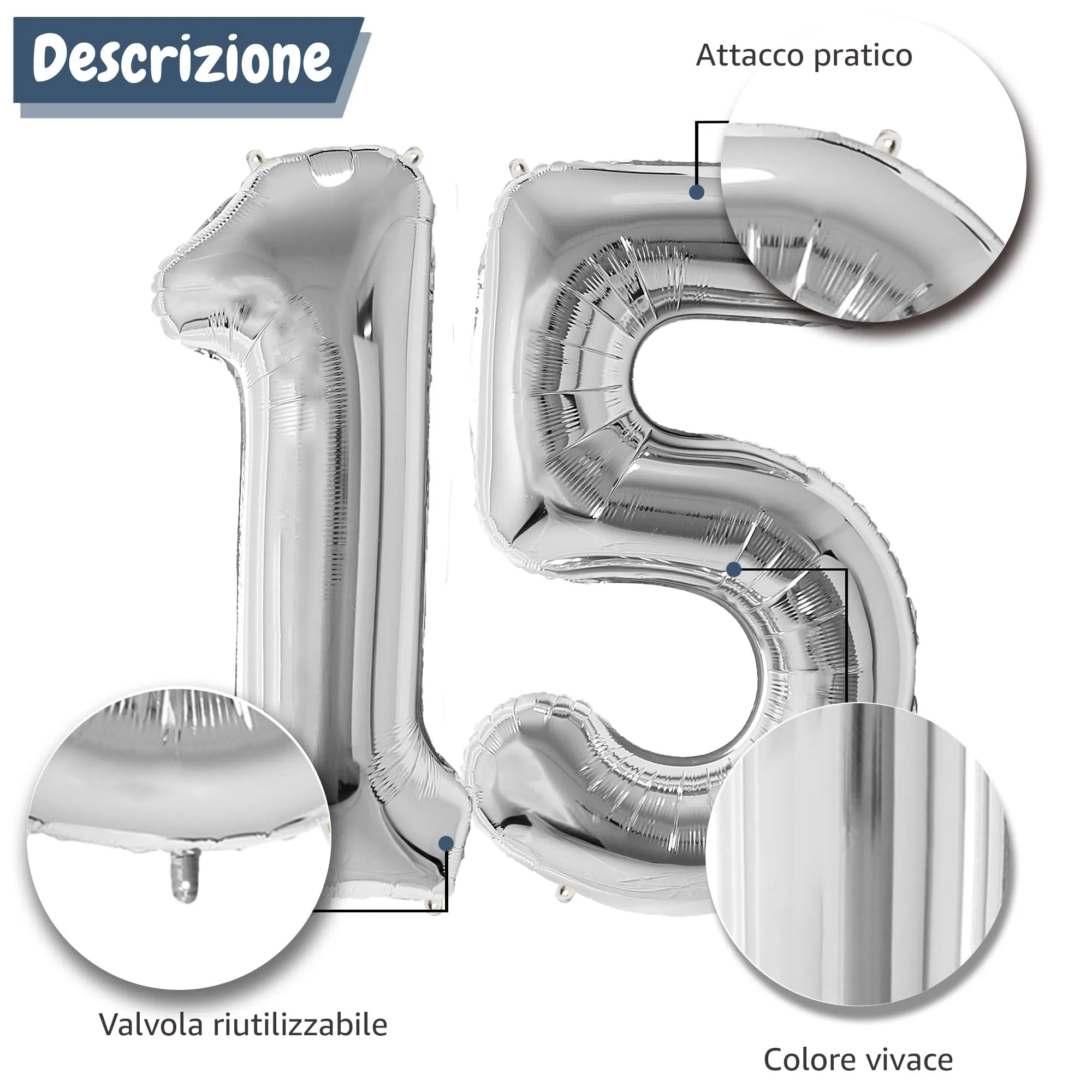 FunFest - Palloncino 15° Compleanno Argento - Numero Gigante 100 cm - immagine 6