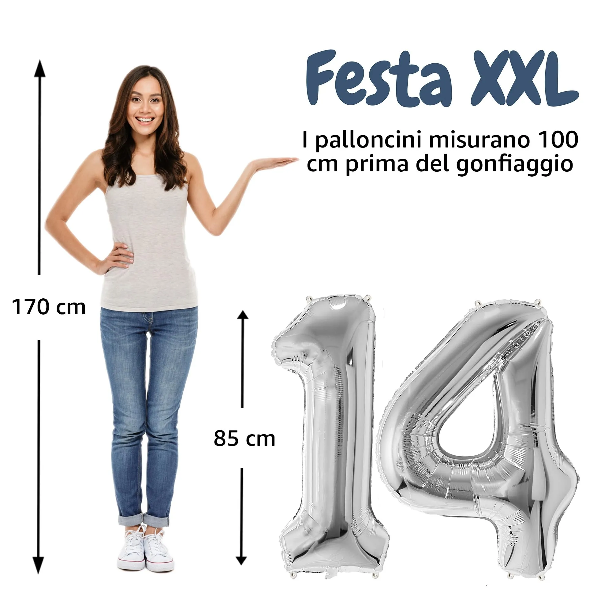 FunFest - Palloncino 14° Compleanno Argento - Numero Gigante 100 cm - immagine 2