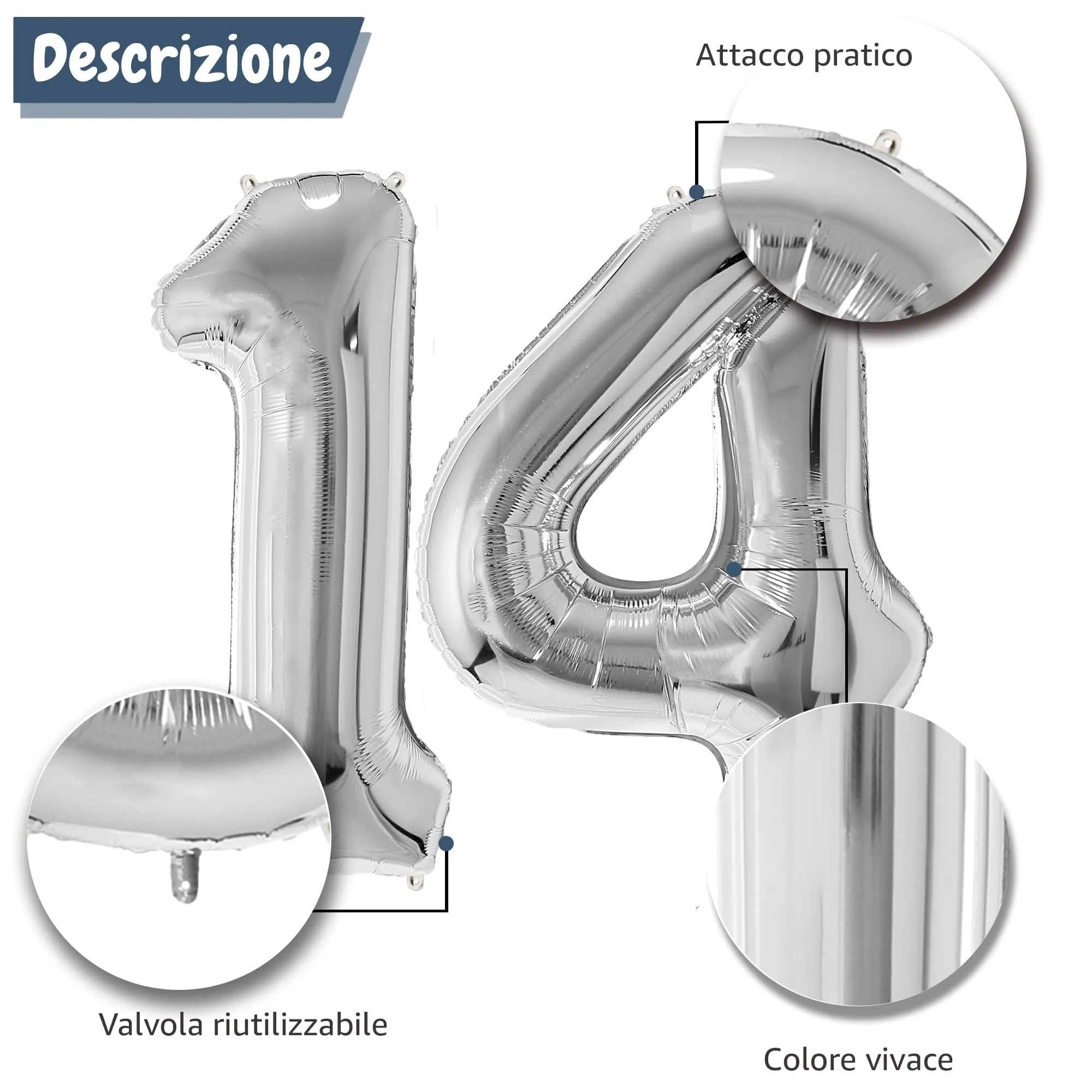 FunFest - Palloncino 14° Compleanno Argento - Numero Gigante 100 cm - immagine 6