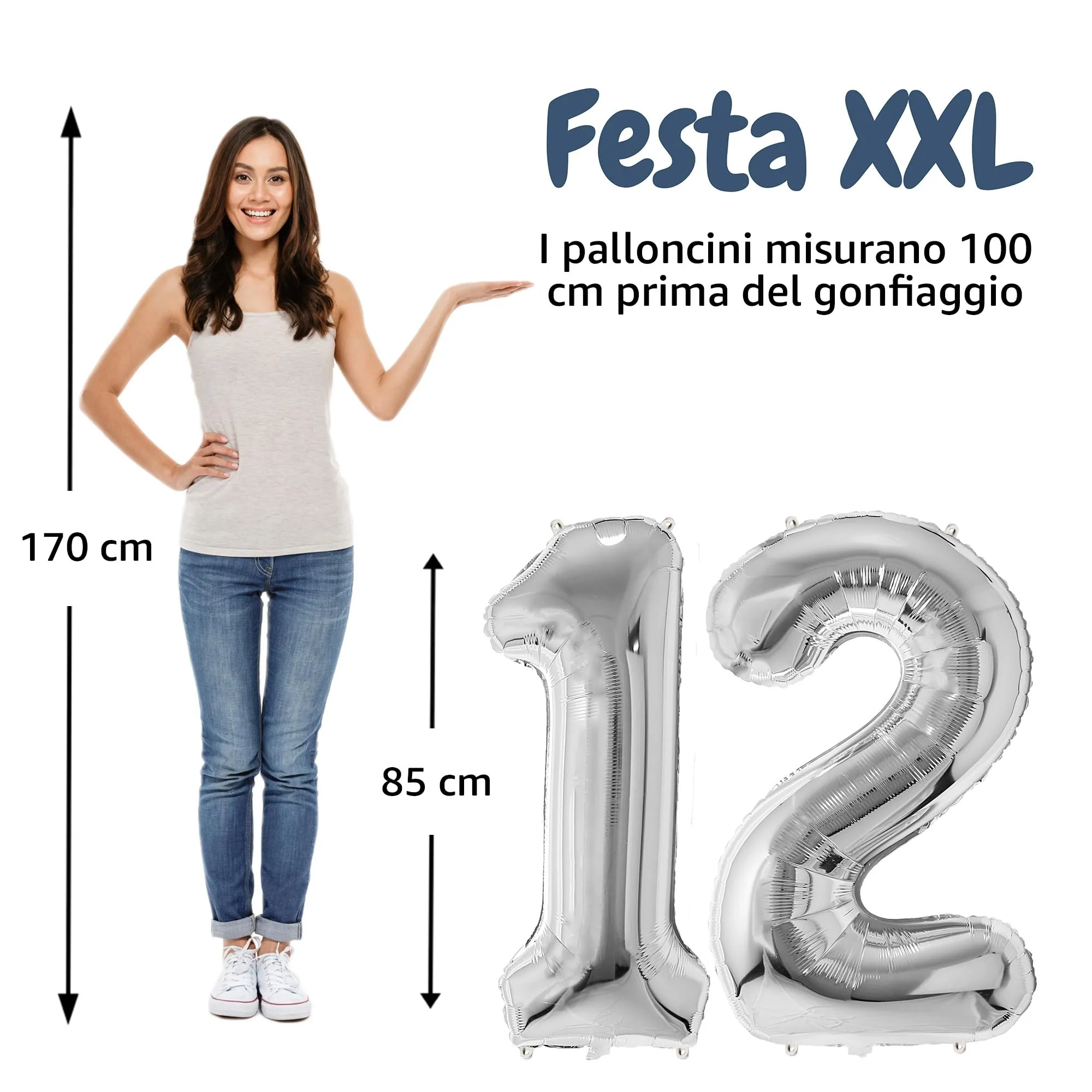 FunFest - Palloncino 12° Compleanno Argento - Numero Gigante 100 cm - immagine 2