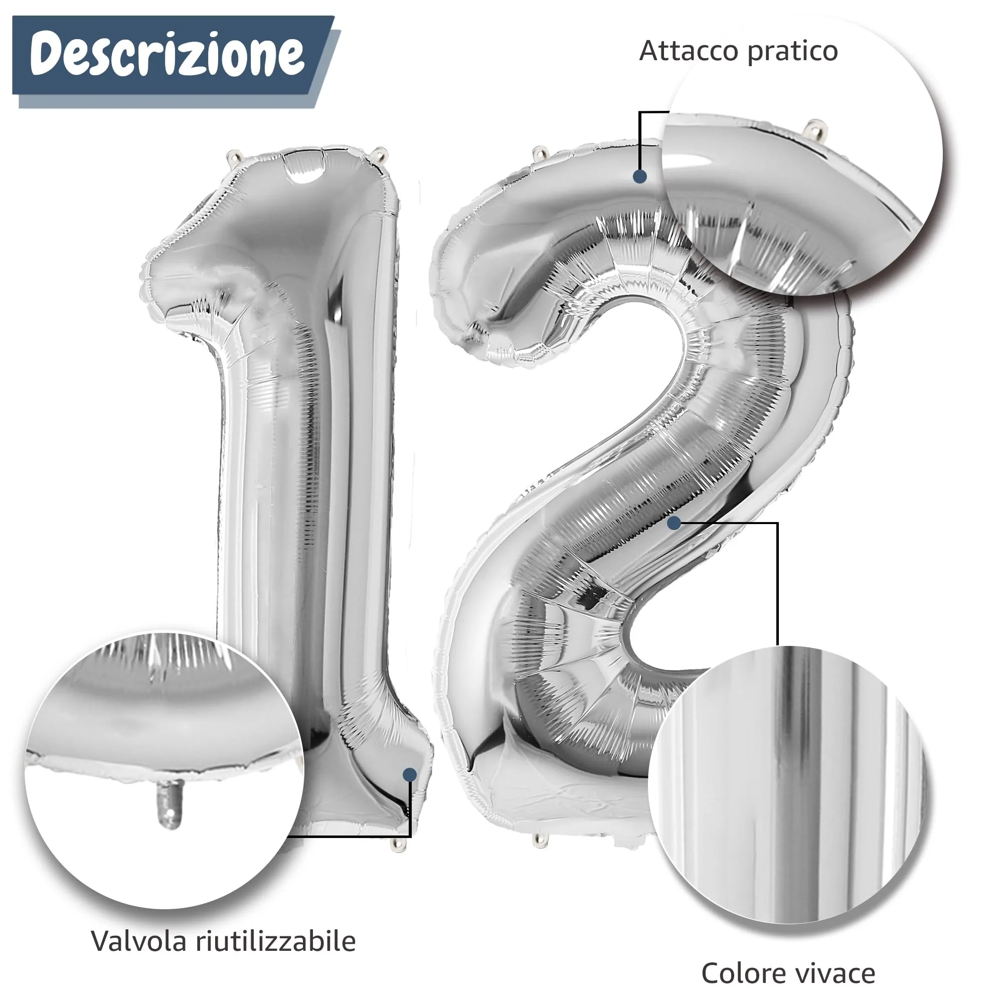 FunFest - Palloncino 12° Compleanno Argento - Numero Gigante 100 cm - immagine 6