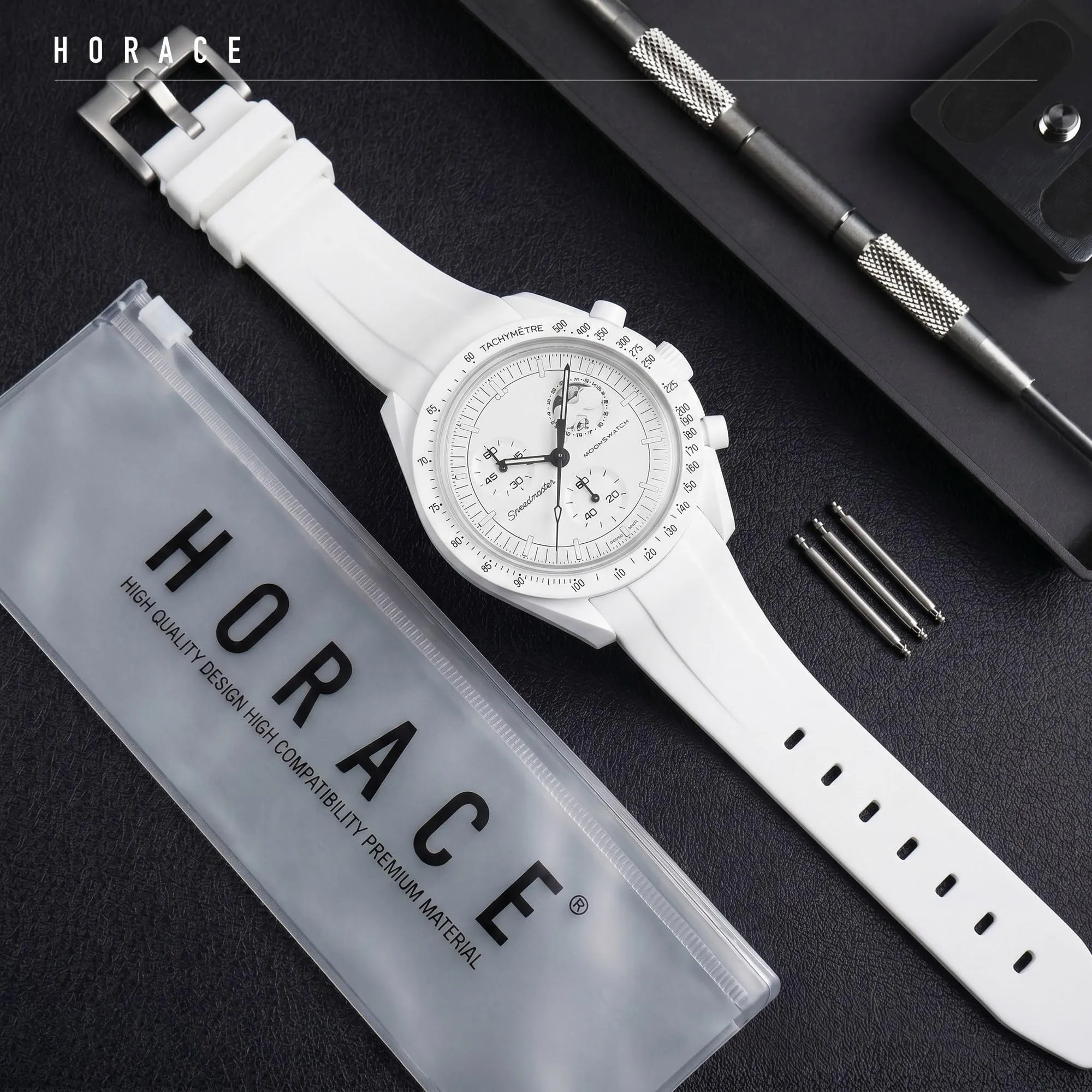 HORACE Cinturino universale per orologio in silicone liquido 20mm – Compatibile Omega x Swatch MoonSwatch – Kit di montaggio incluso (Bianco – Argento) - immagine 3