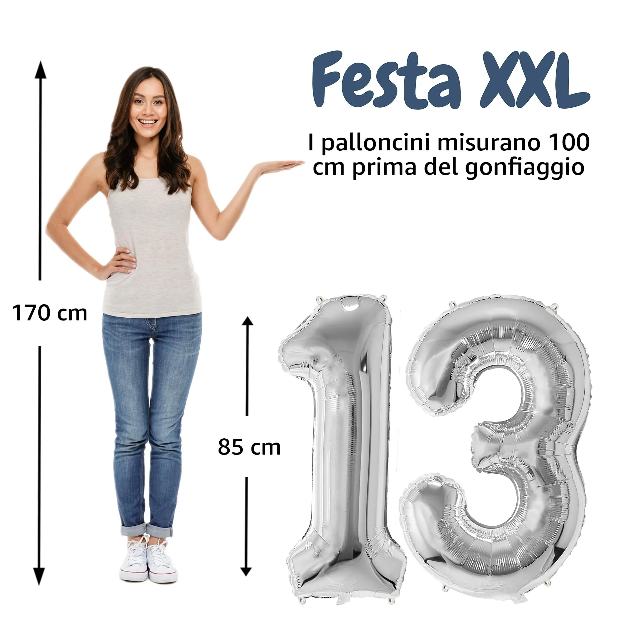 FunFest - Palloncino 13° Compleanno Argento - Numero Gigante 100 cm - immagine 2