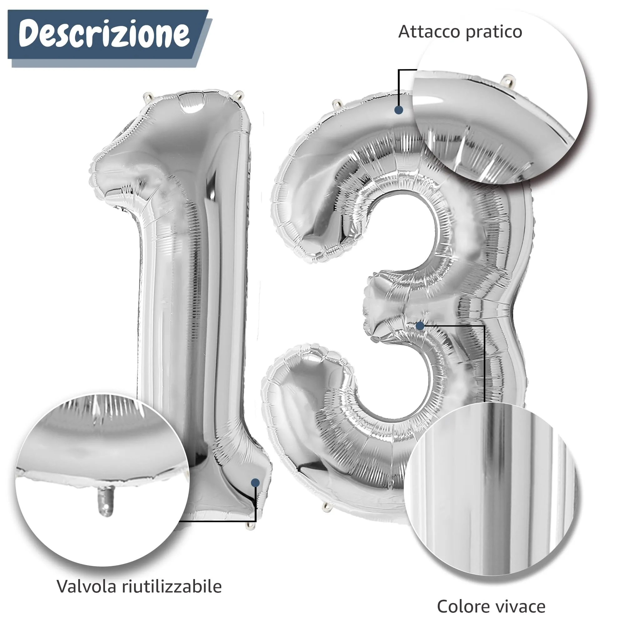 FunFest - Palloncino 13° Compleanno Argento - Numero Gigante 100 cm - immagine 6