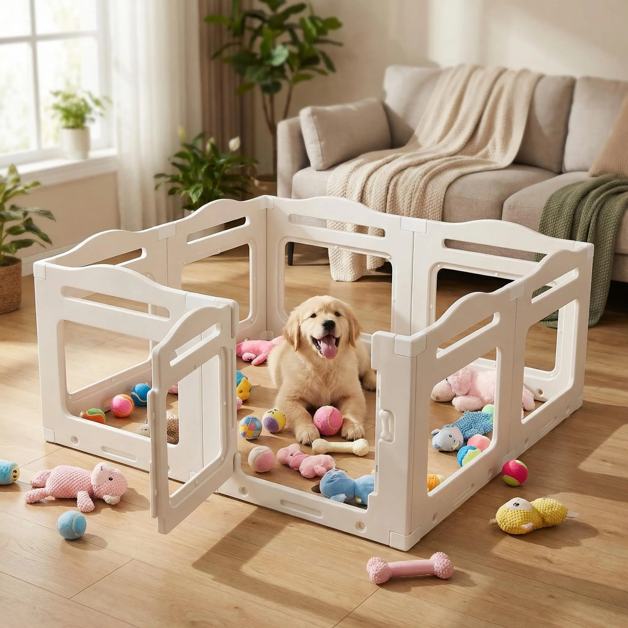 Clevich Recinto per Cani da Interno in Acrilico 129 × 129 × 60 cm, 5 PCS +1 Pannelli con Porta a Chiusura, Recinto per Cani Pieghevole con Ventose, Parco adatto per Appartamento, Bianco - immagine 1