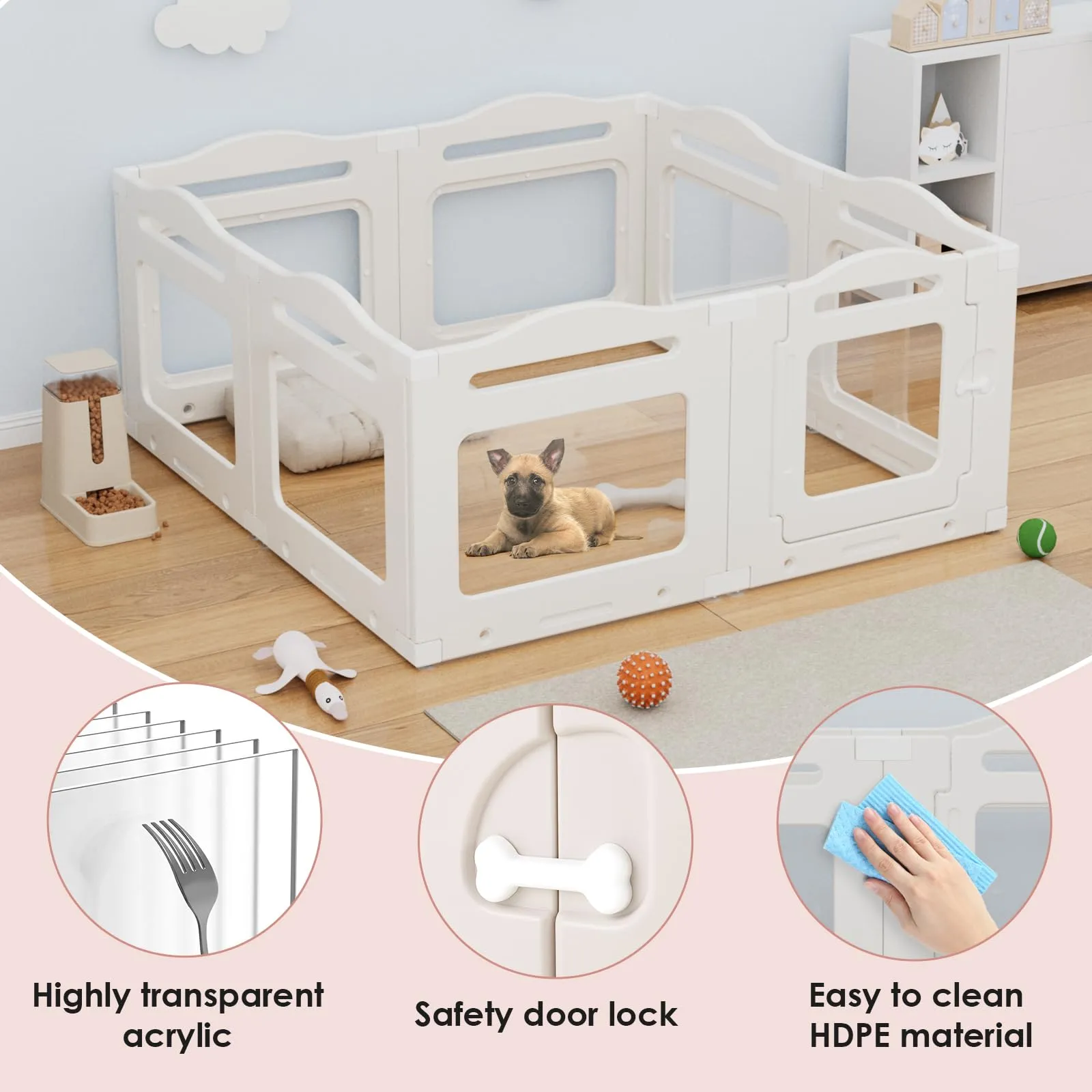 Clevich Recinto per Cani da Interno in Acrilico 129 × 129 × 60 cm, 5 PCS +1 Pannelli con Porta a Chiusura, Recinto per Cani Pieghevole con Ventose, Parco adatto per Appartamento, Bianco - immagine 2