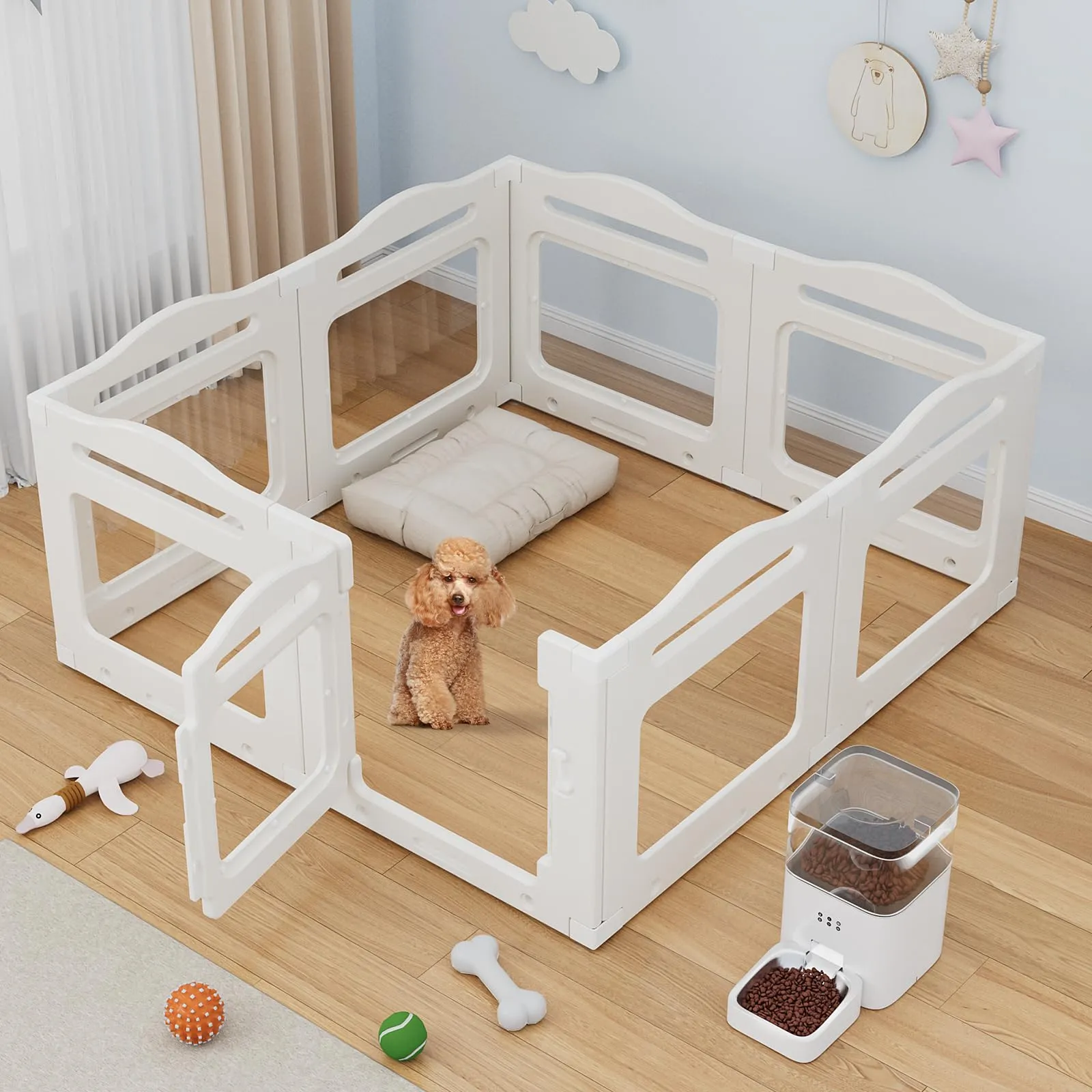 Clevich Recinto per Cani da Interno in Acrilico 129 × 129 × 60 cm, 5 PCS +1 Pannelli con Porta a Chiusura, Recinto per Cani Pieghevole con Ventose, Parco adatto per Appartamento, Bianco - immagine 3