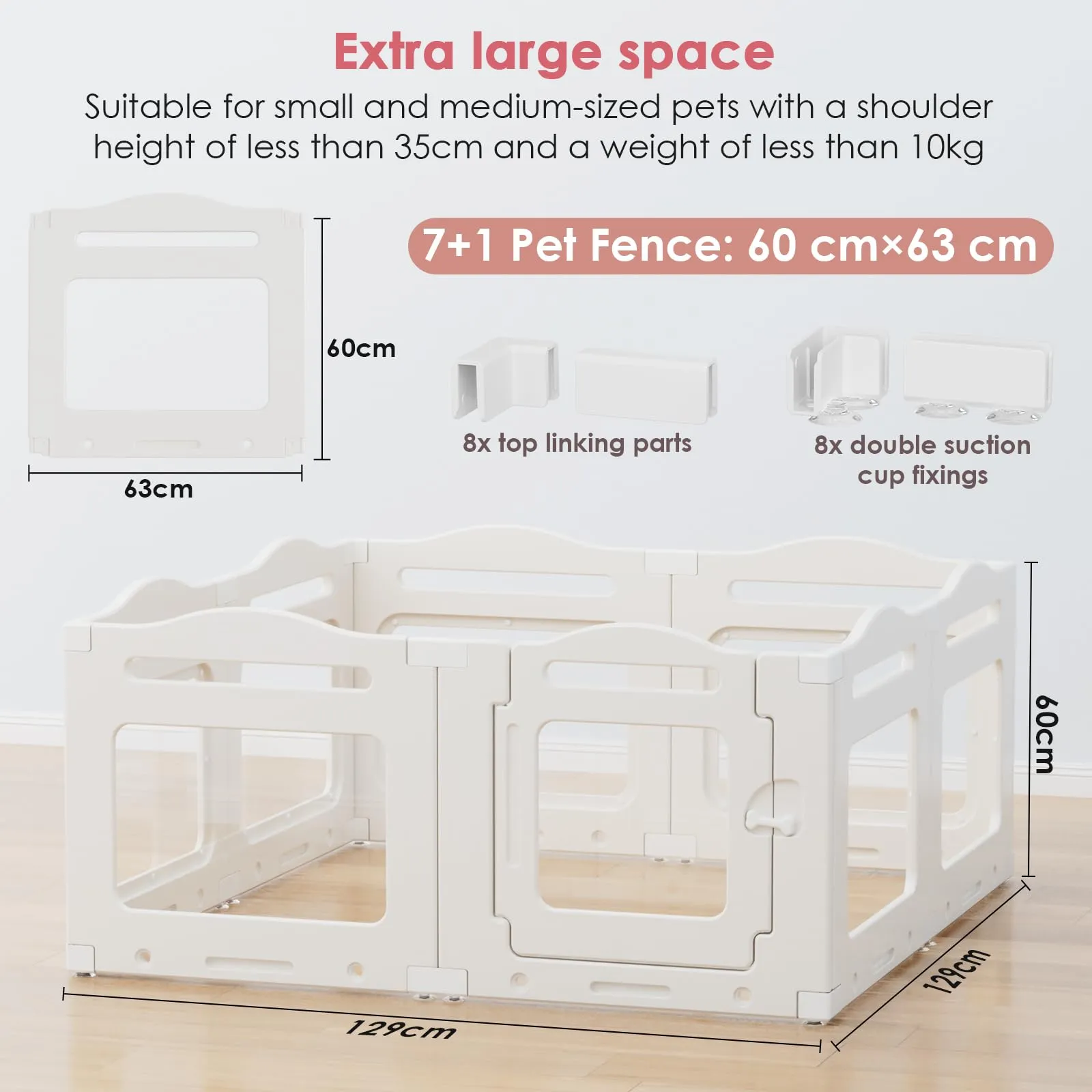 Clevich Recinto per Cani da Interno in Acrilico 129 × 129 × 60 cm, 5 PCS +1 Pannelli con Porta a Chiusura, Recinto per Cani Pieghevole con Ventose, Parco adatto per Appartamento, Bianco - immagine 4